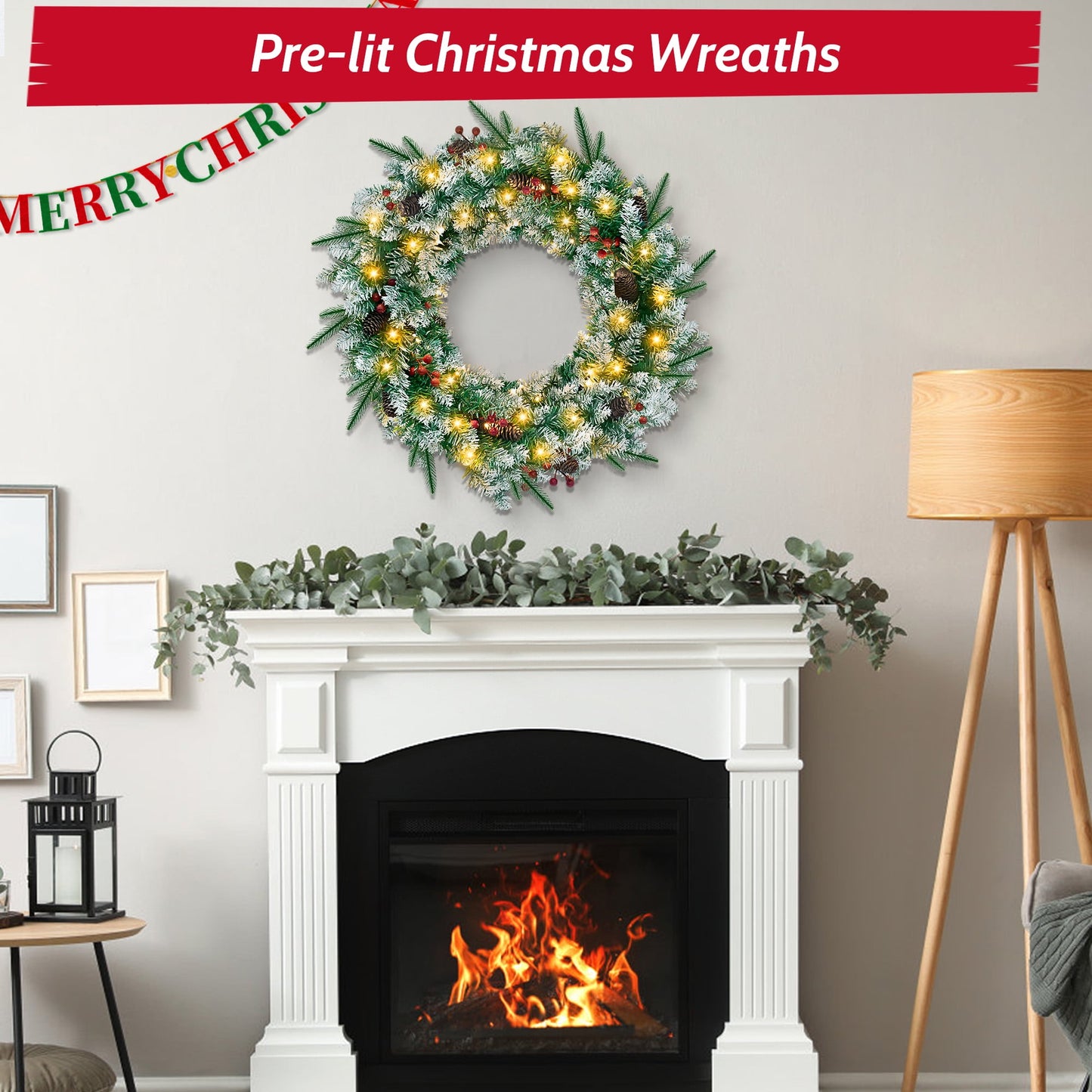 Christmas Wreath, 24" Christmas Wreath for Front Door,Outdoor Christmas Wreath,Battery Powered Christmas Decorations with Lights & Ornament