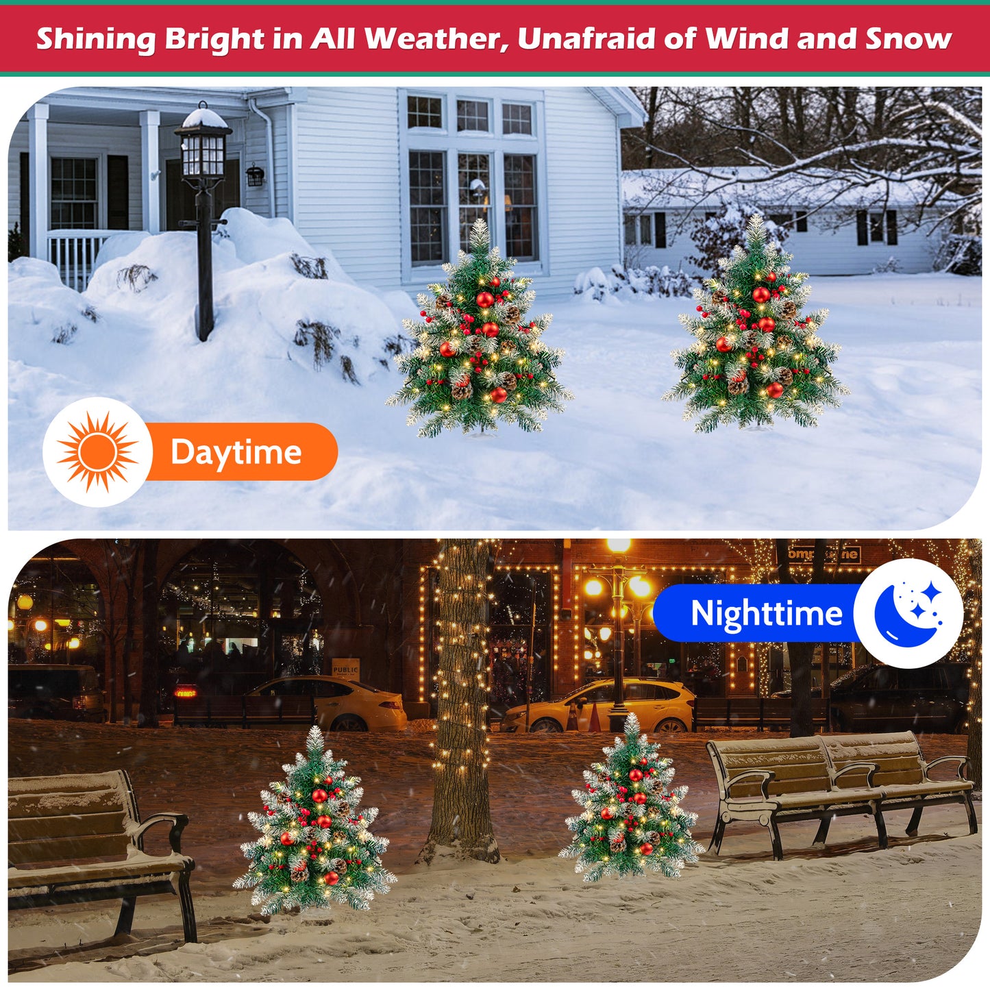 2PCS Small Outdoor Christmas Trees with LED Lights,30" Artificial Xmas Decora for Porch,Yard,Pathway,Garden,PVC