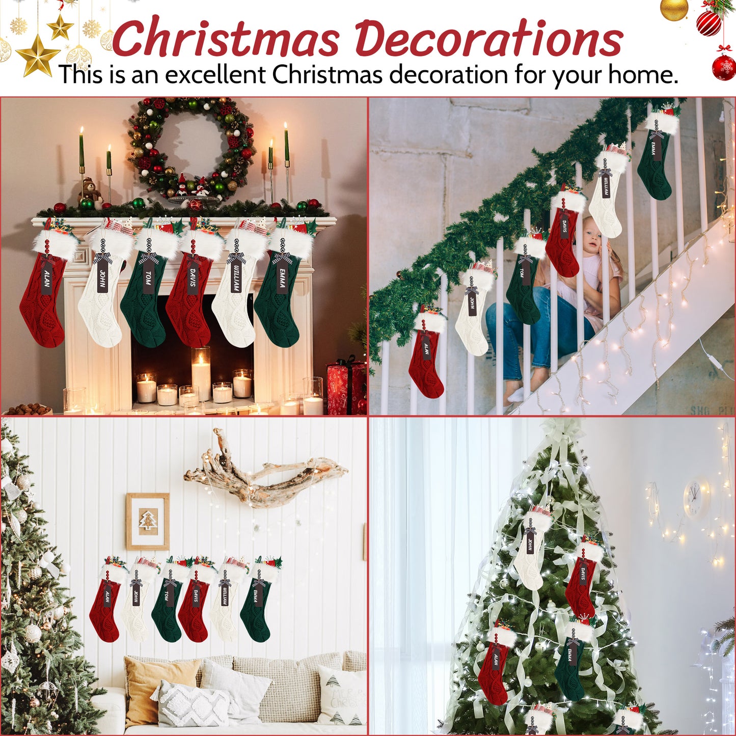 6-Pack Christmas Stockings, 18" Personalized Xmas Stockings, Large Knitted Stockings for Holiday Party Decor Burgundy, lvory, Green