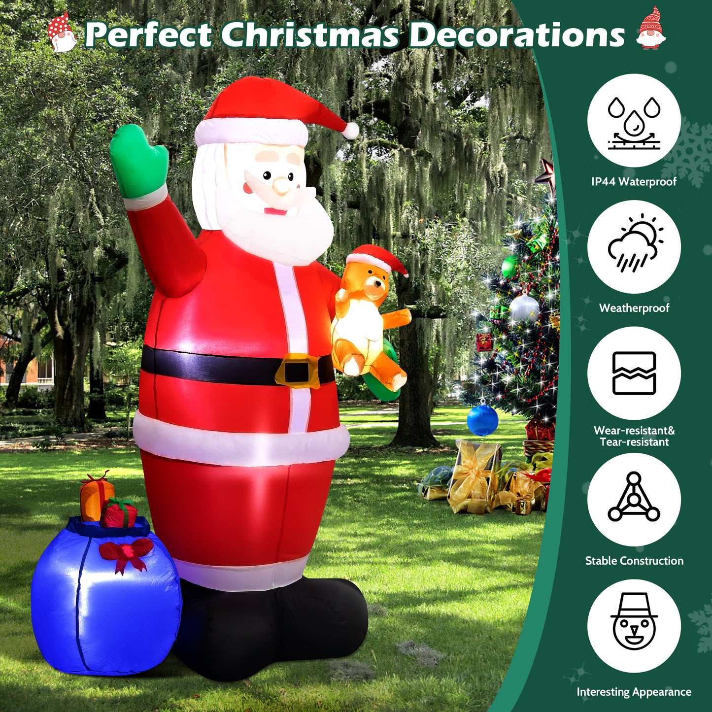 7ft Christmas Inflatable Santa Claus Outdoor Decor with Gift Bag and Bear Large Blow Up Santa with LED Lights for Yard,Garden,Lawn