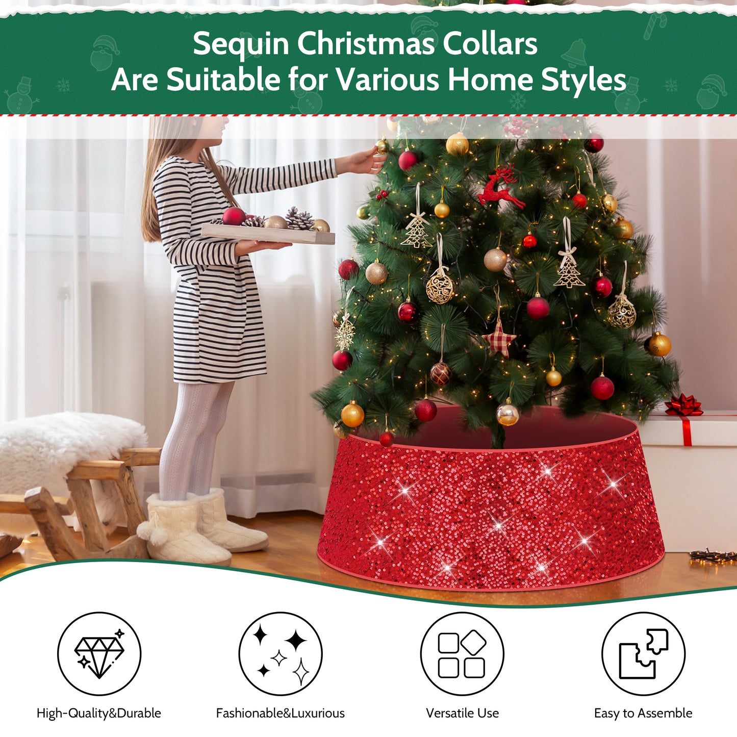 34" Sequin Christmas Tree Collar,Tree Bottom Base,Foldable Bottom Decoration for Christmas Holiday,Red