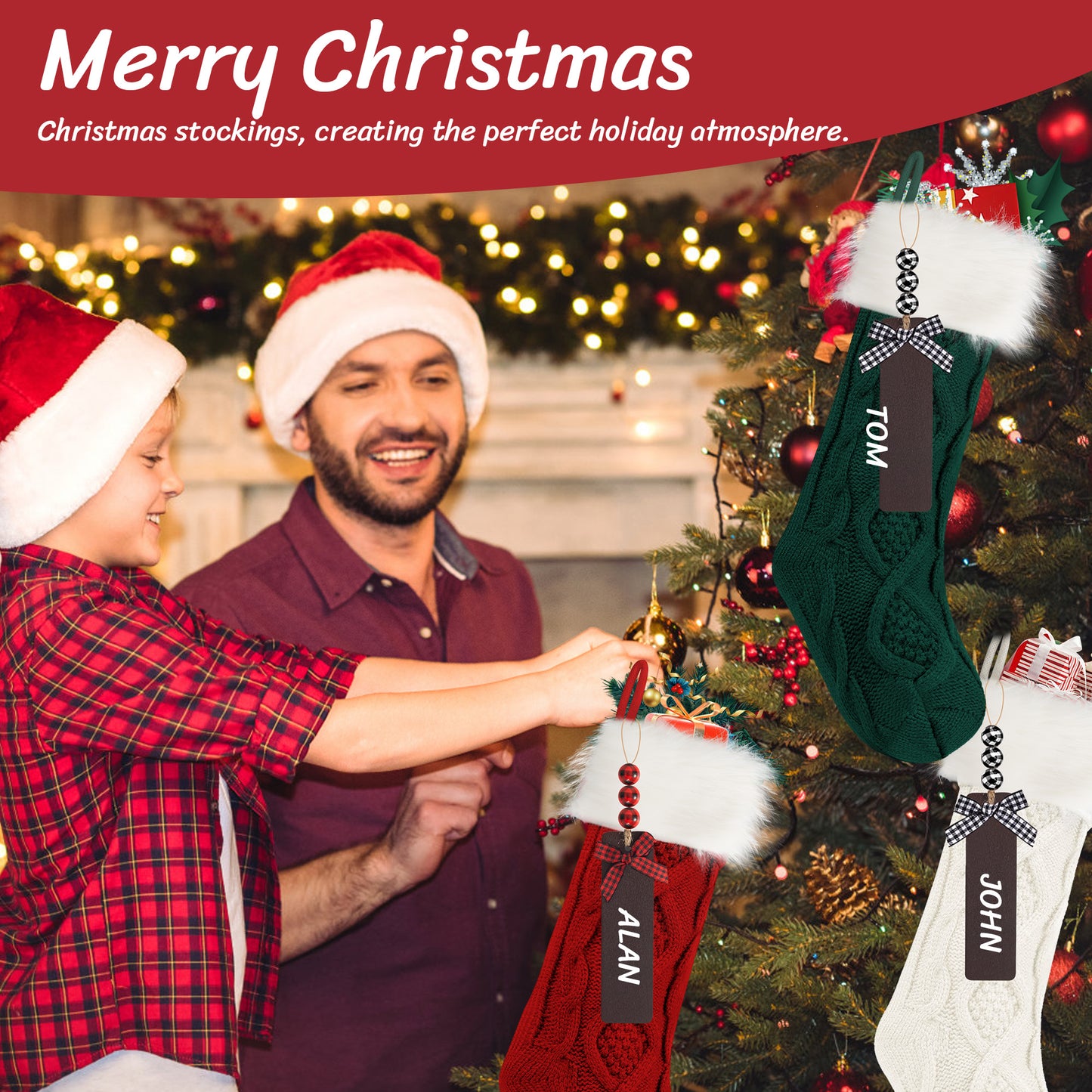 6-Pack Christmas Stockings, 18" Personalized Xmas Stockings, Large Knitted Stockings for Holiday Party Decor Burgundy, lvory, Green