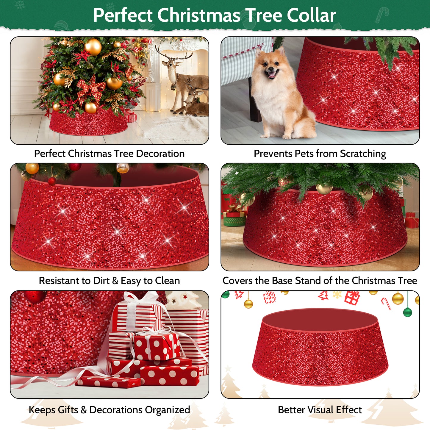 34" Sequin Christmas Tree Collar,Tree Bottom Base,Foldable Bottom Decoration for Christmas Holiday,Red