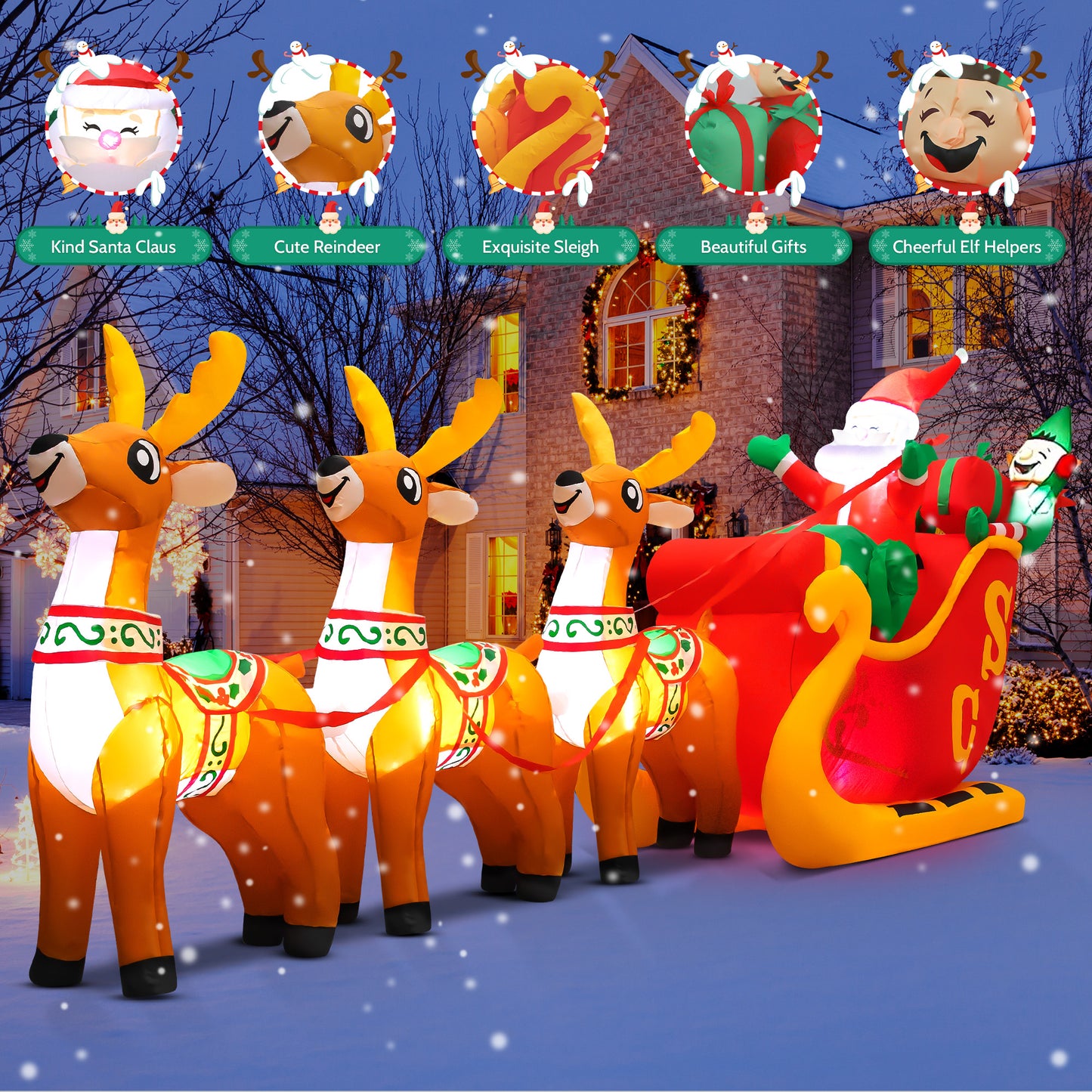 10ft Christmas Inflatable Santa Claus On Sleigh With 3 Reindeer Outdoor Lights Decor for Holiday Decoration, Xmas Party, Yard, Garden and Lawn