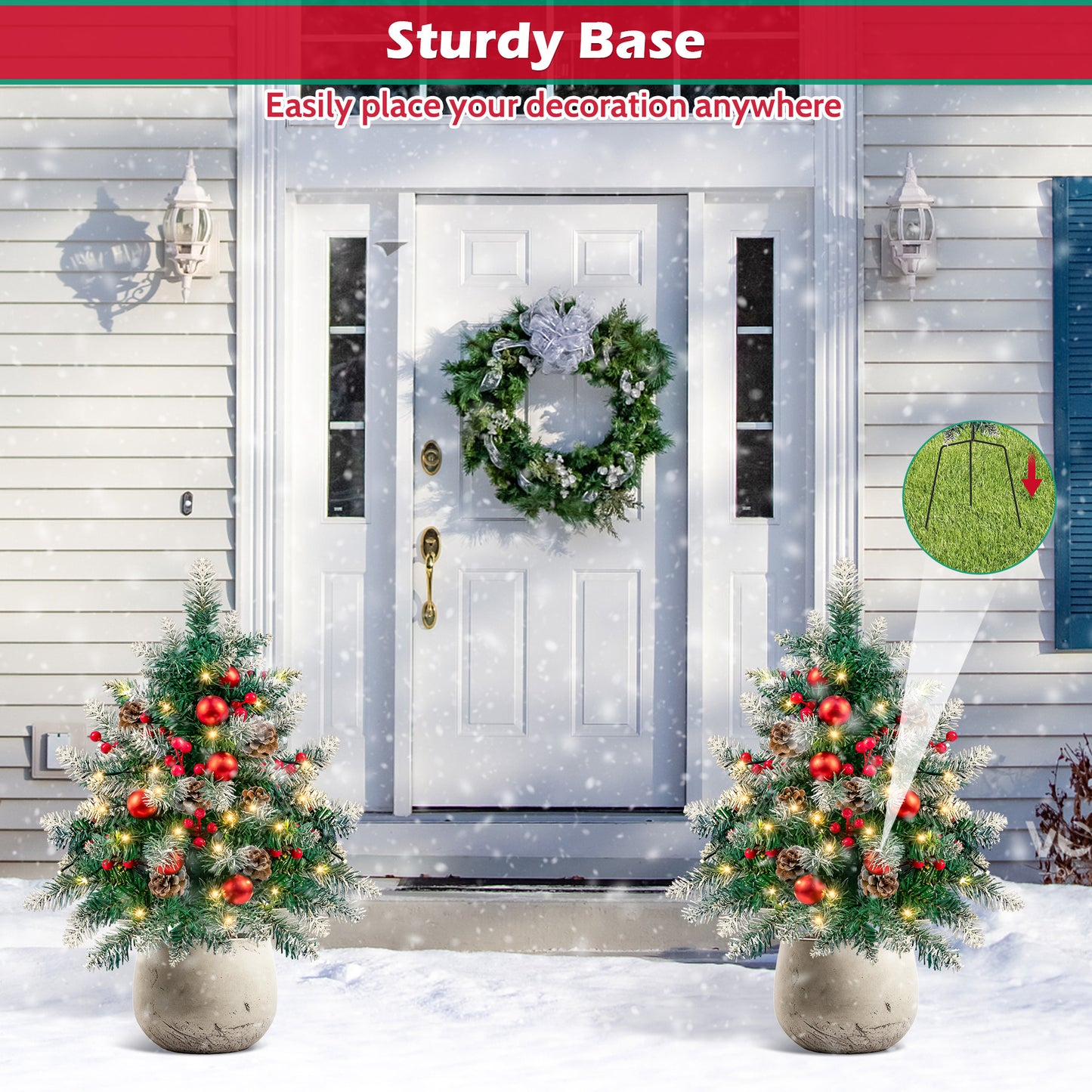 2PCS Small Outdoor Christmas Trees with LED Lights,30" Artificial Xmas Decora for Porch,Yard,Pathway,Garden,PVC