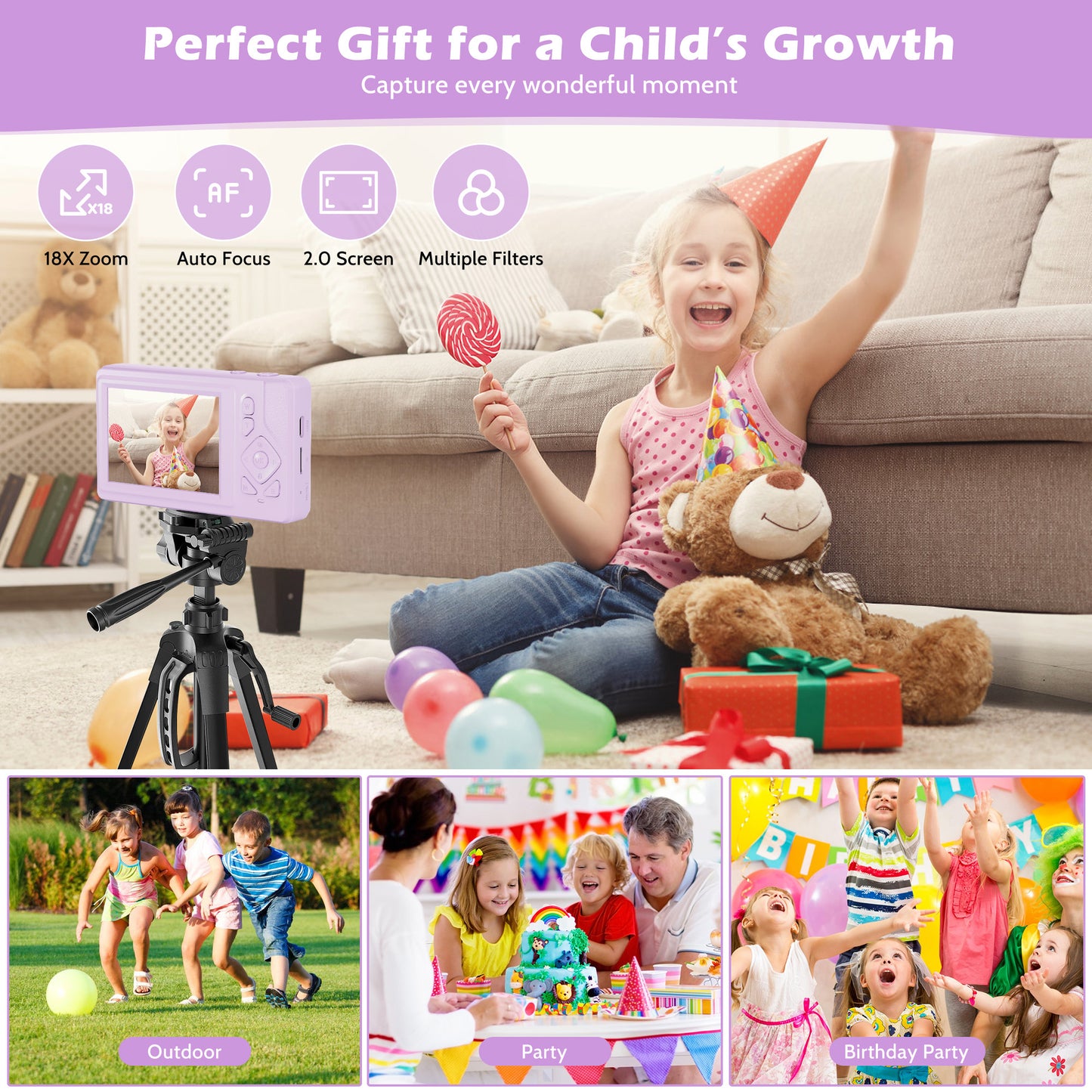 Lookfly Digital Camera,FHD 1080P Point and Shoot Kids Camera,Camera for Photography with 32GB Card ,18X Zoom Anti Shake,48MP,Compact Small Digital Camera for Boys Girls Kids,Purple