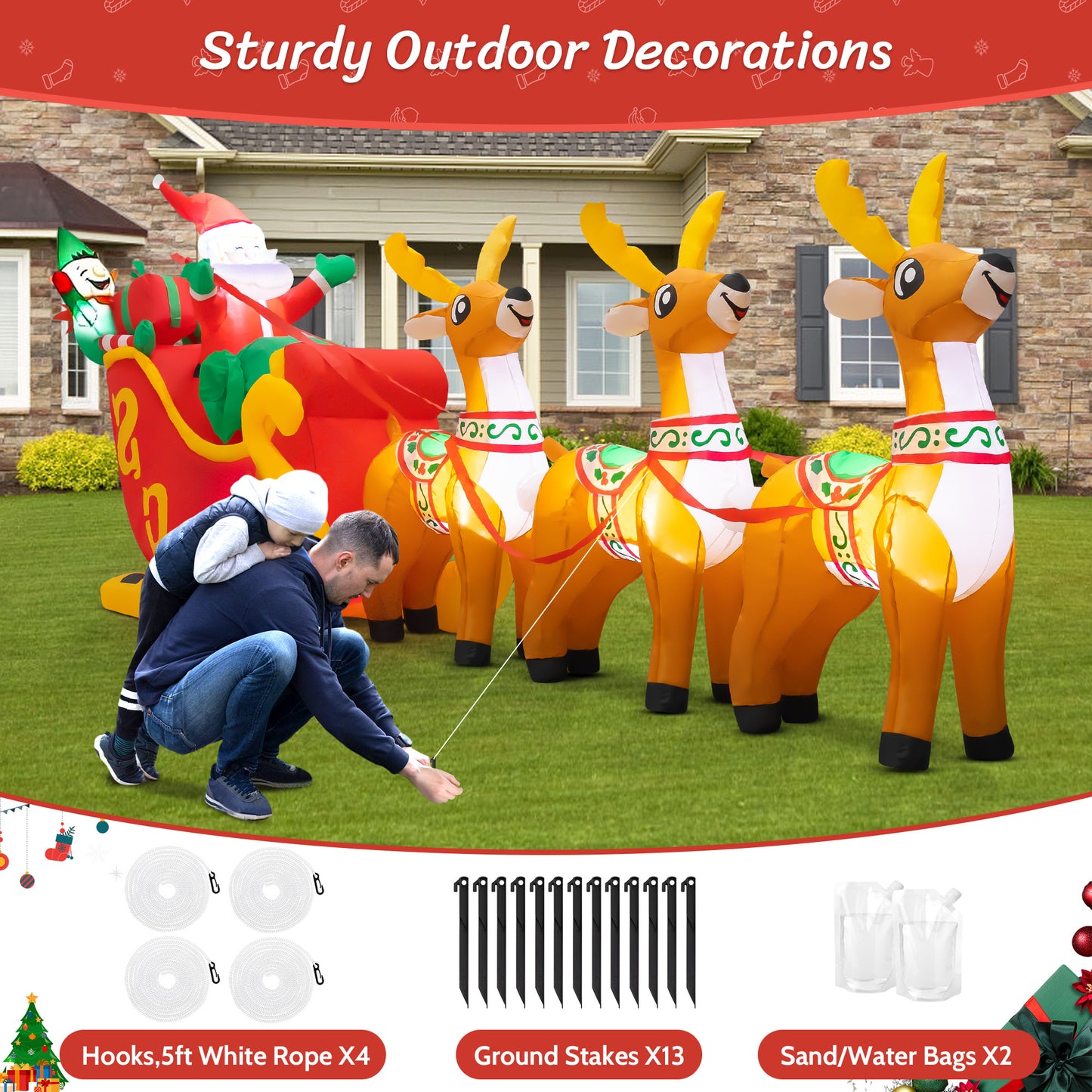 10ft Christmas Inflatable Santa Claus On Sleigh With 3 Reindeer Outdoor Lights Decor for Holiday Decoration, Xmas Party, Yard, Garden and Lawn