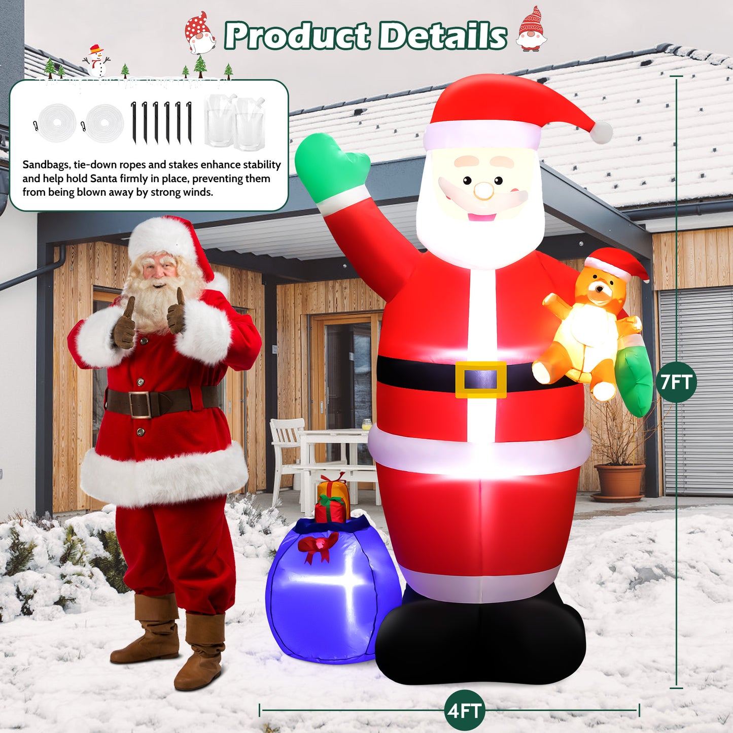 7ft Christmas Inflatable Santa Claus Outdoor Decor with Gift Bag and Bear Large Blow Up Santa with LED Lights for Yard,Garden,Lawn