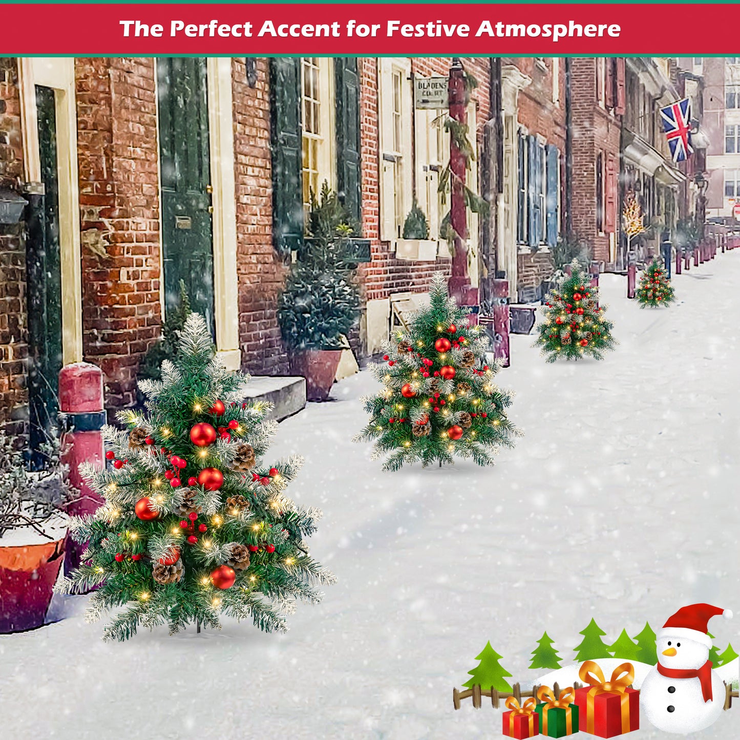 2PCS Small Outdoor Christmas Trees with LED Lights,30" Artificial Xmas Decora for Porch,Yard,Pathway,Garden,PVC