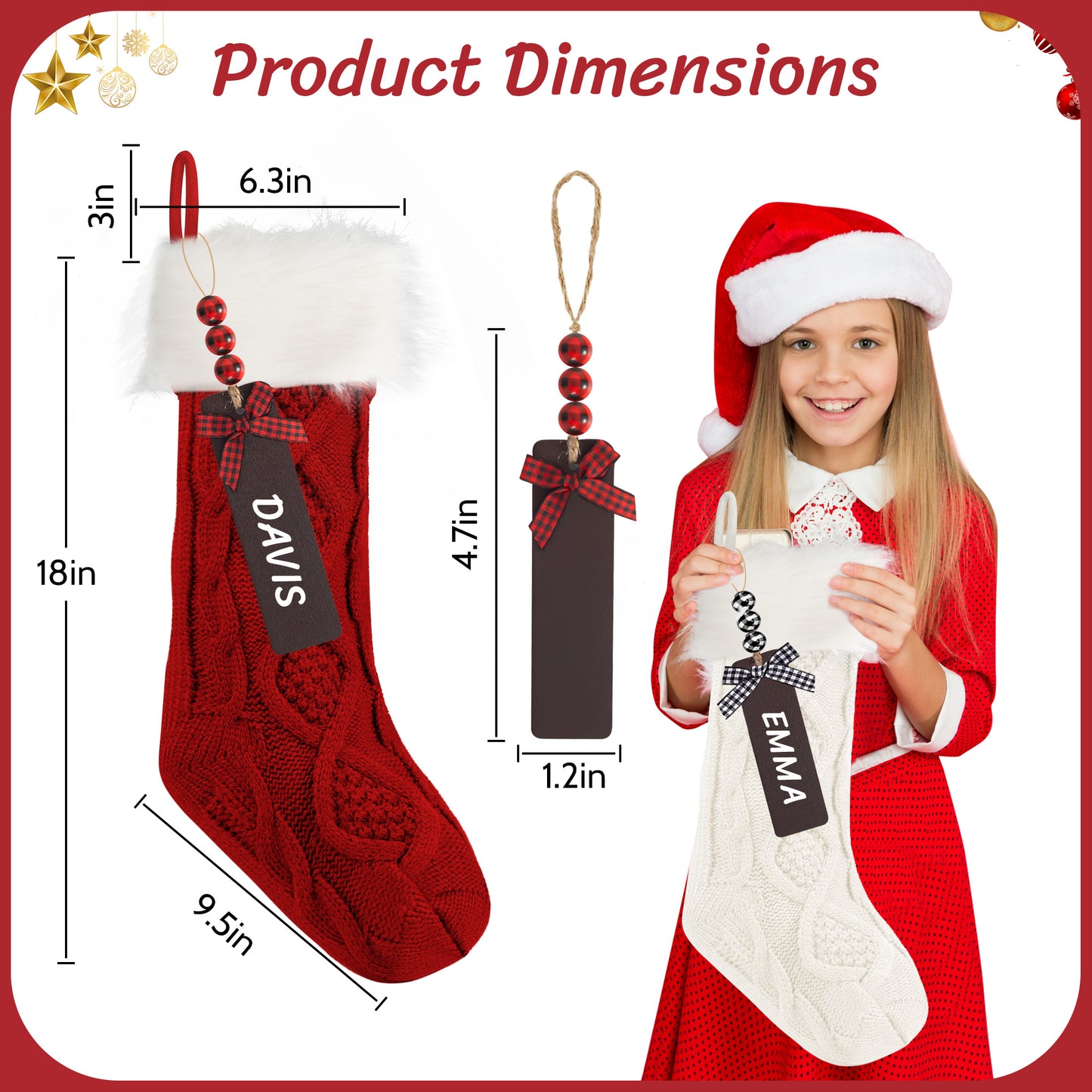 6-Pack Christmas Stockings, 18" Personalized Xmas Stockings, Large Knitted Stockings for Holiday Party Decor Burgundy, lvory, Green
