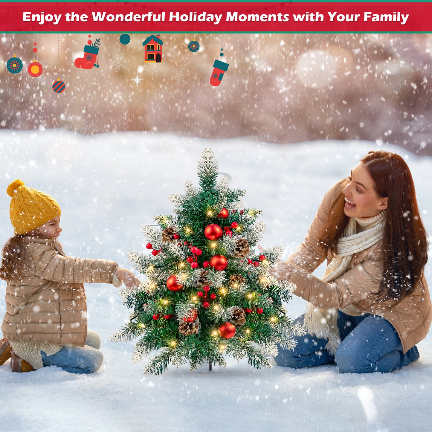 2PCS Small Outdoor Christmas Trees with LED Lights,30" Artificial Xmas Decora for Porch,Yard,Pathway,Garden,PVC
