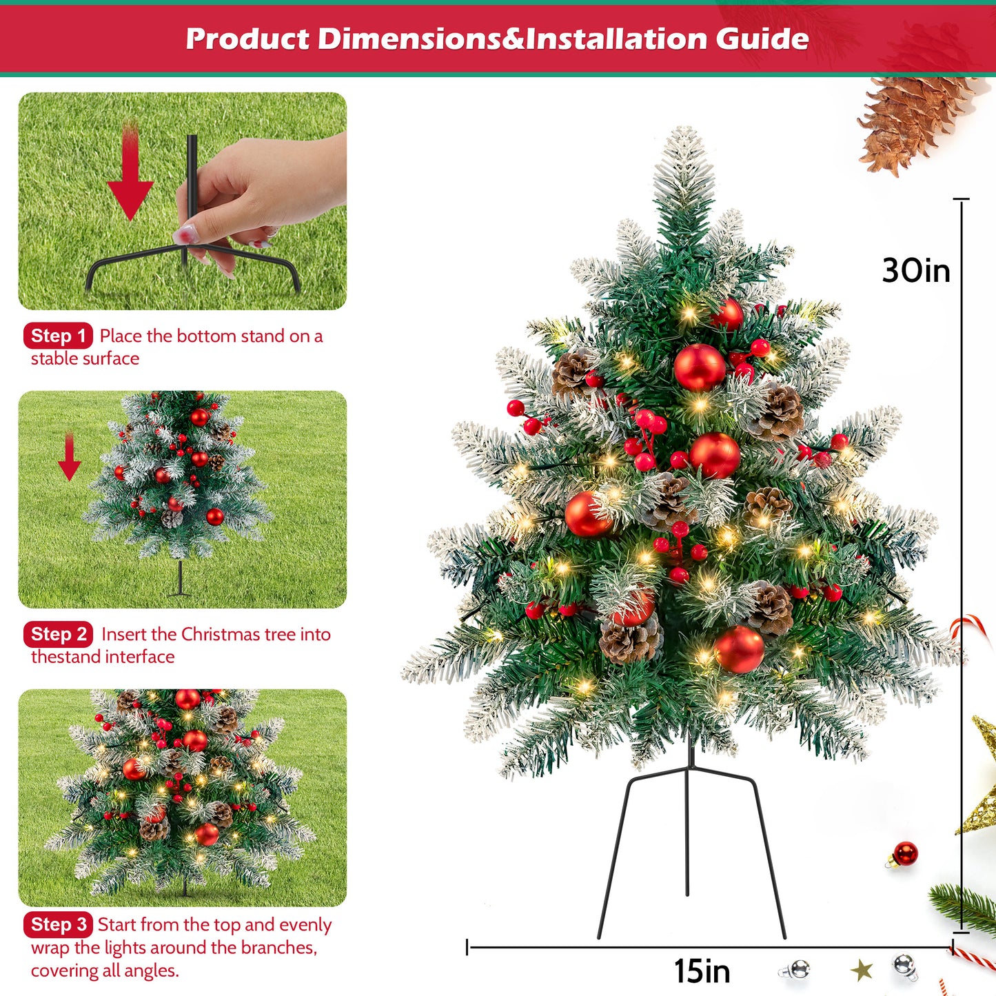 2PCS Small Outdoor Christmas Trees with LED Lights,30" Artificial Xmas Decora for Porch,Yard,Pathway,Garden,PVC