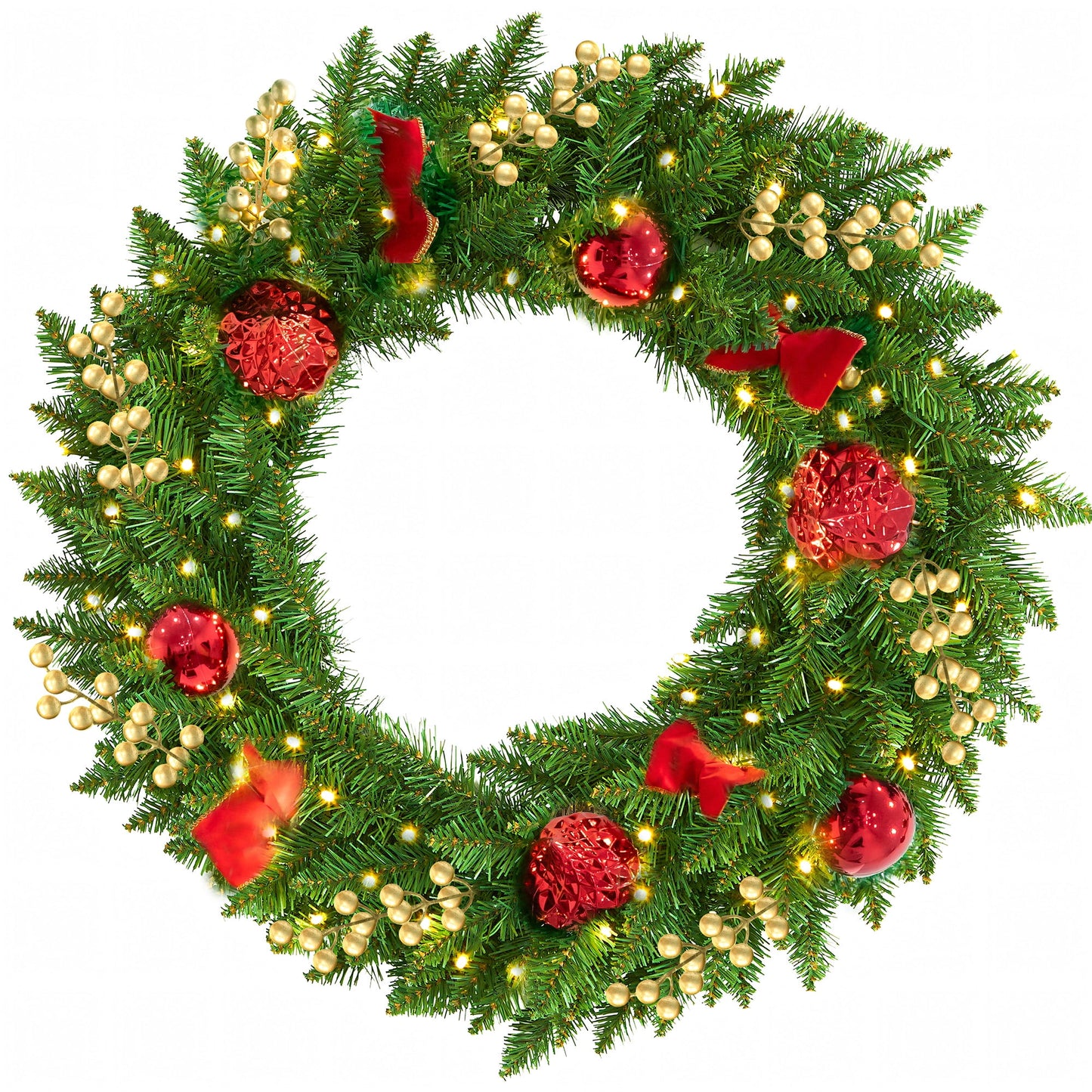 Christmas Wreath, 24" Christmas Wreath for Front Door,Outdoor Christmas Wreath,Battery Powered Christmas Decorations with Lights & Ornament