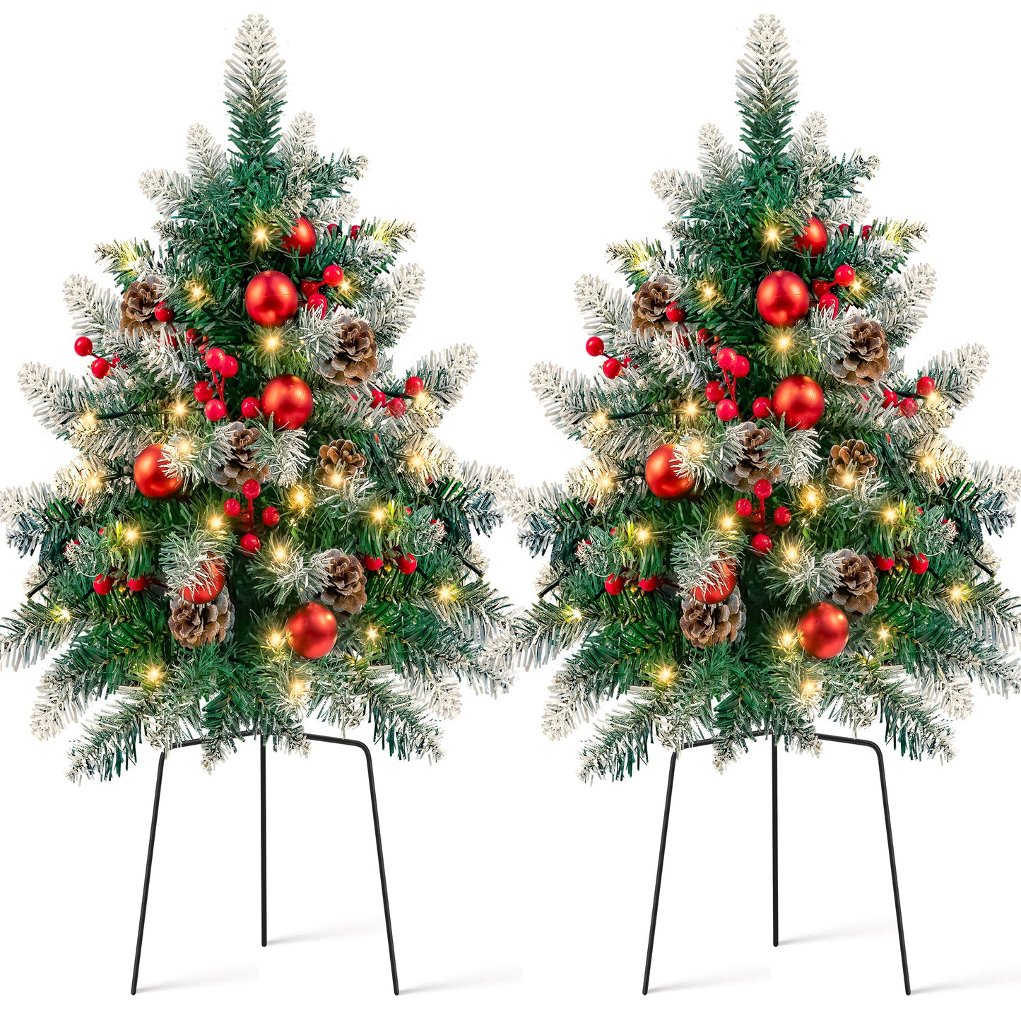2PCS Small Outdoor Christmas Trees with LED Lights,30" Artificial Xmas Decora for Porch,Yard,Pathway,Garden,PVC