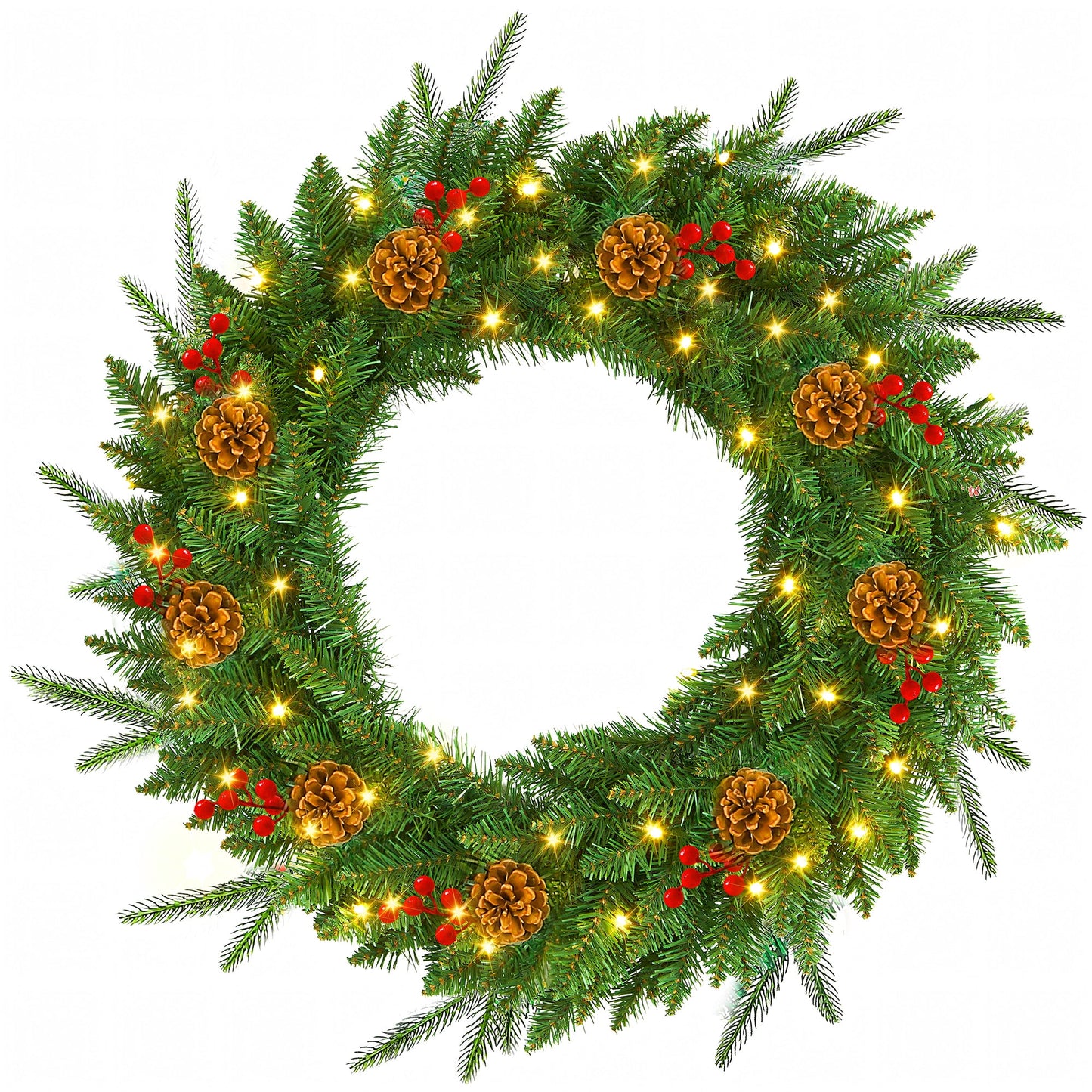 Christmas Wreath, 24" Christmas Wreath for Front Door,Outdoor Christmas Wreath,Battery Powered Christmas Decorations with Lights & Ornament