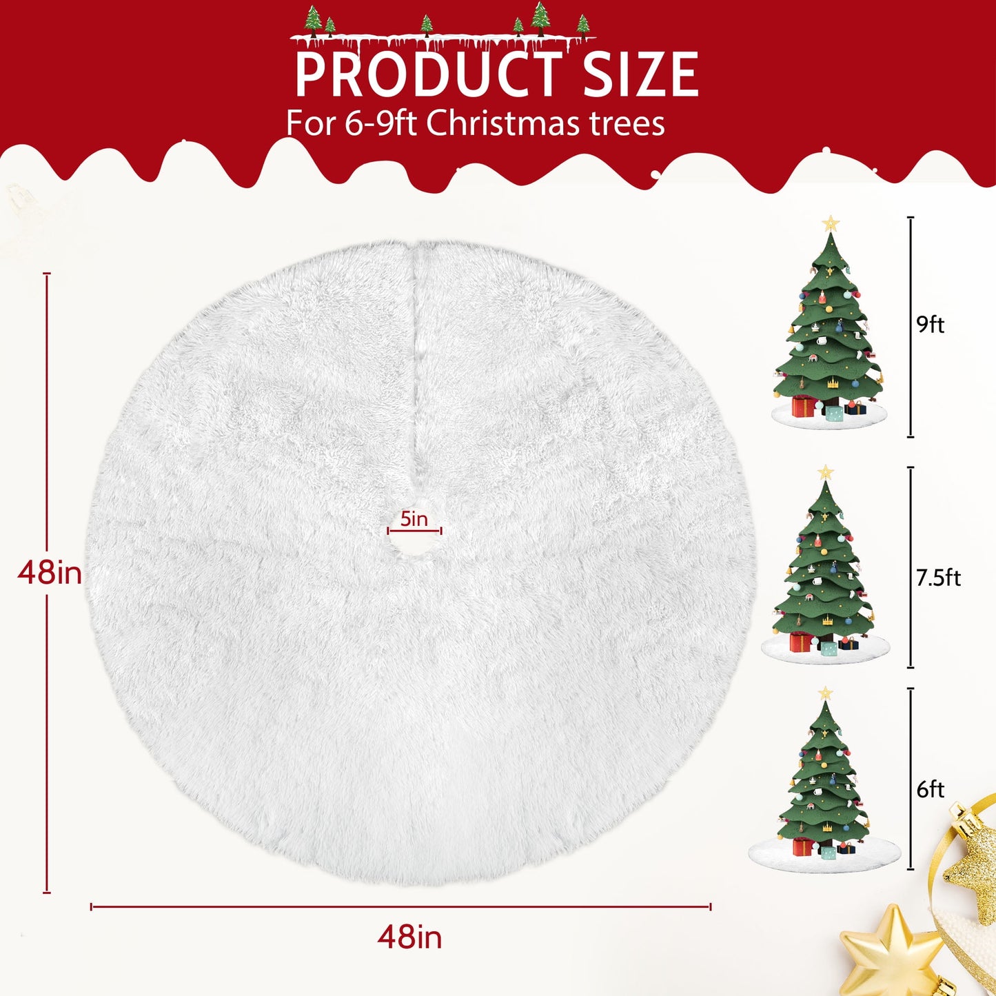48" Plush Christmas Tree Skirt, White Xmas Tree Mat Decor, for Navidad Holiday Decor