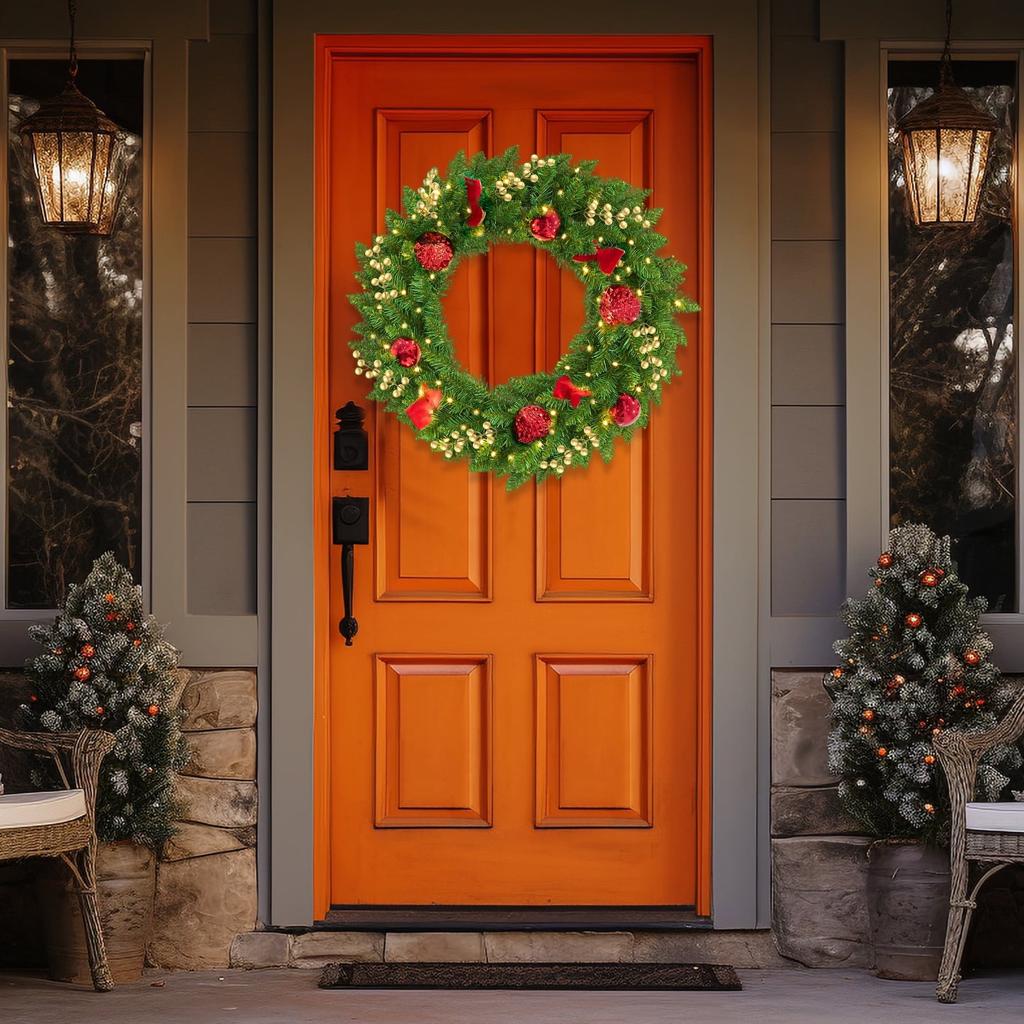 Christmas Wreath, 24" Christmas Wreath for Front Door,Outdoor Christmas Wreath,Battery Powered Christmas Decorations with Lights & Ornament