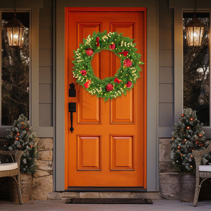 Christmas Wreath, 24" Christmas Wreath for Front Door,Outdoor Christmas Wreath,Battery Powered Christmas Decorations with Lights & Ornament
