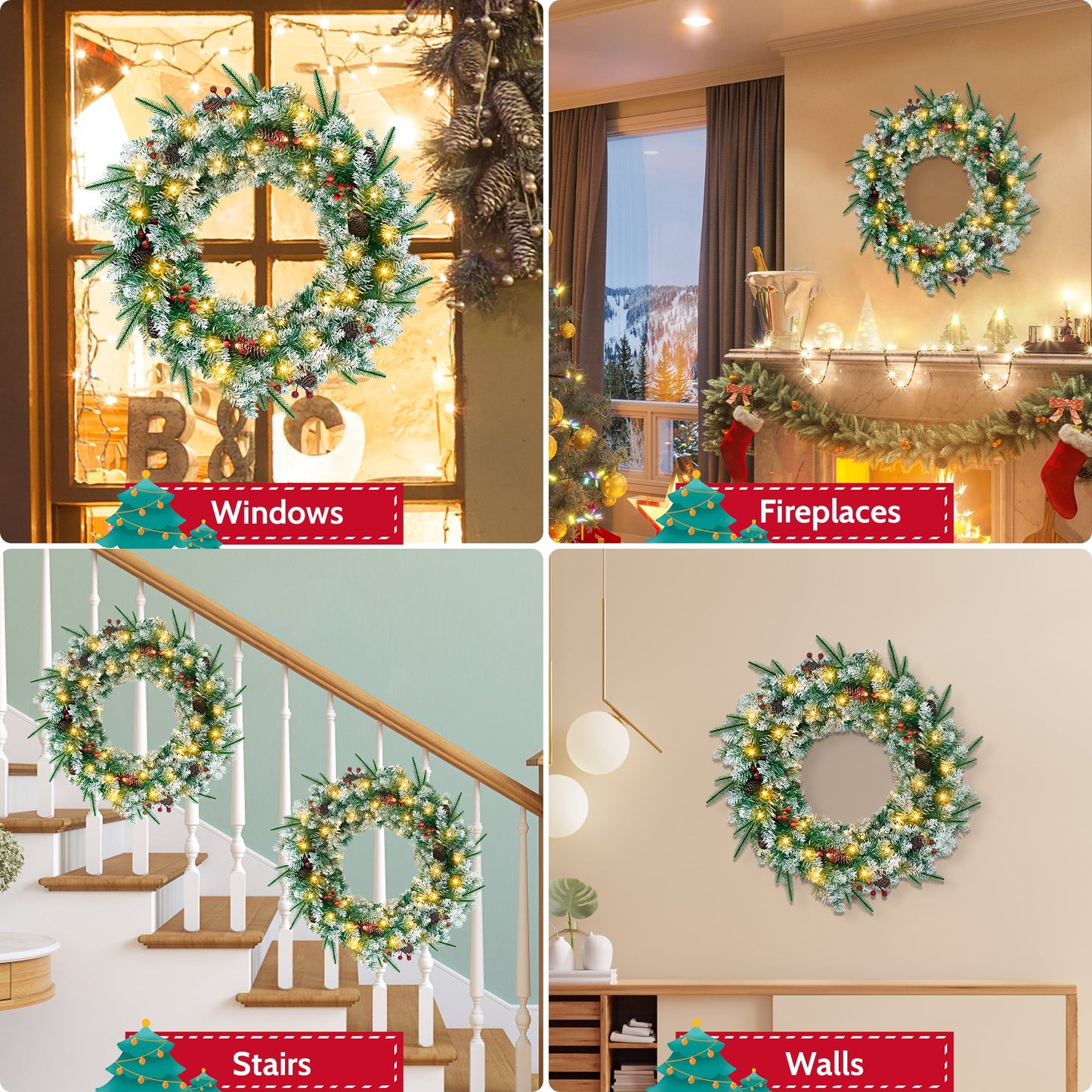 Christmas Wreath, 24" Christmas Wreath for Front Door,Outdoor Christmas Wreath,Battery Powered Christmas Decorations with Lights & Ornament