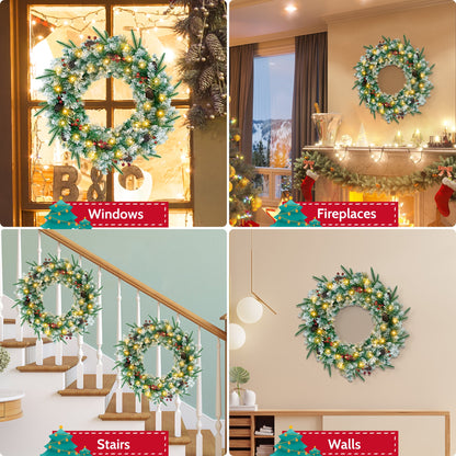 Christmas Wreath, 24" Christmas Wreath for Front Door,Outdoor Christmas Wreath,Battery Powered Christmas Decorations with Lights & Ornament