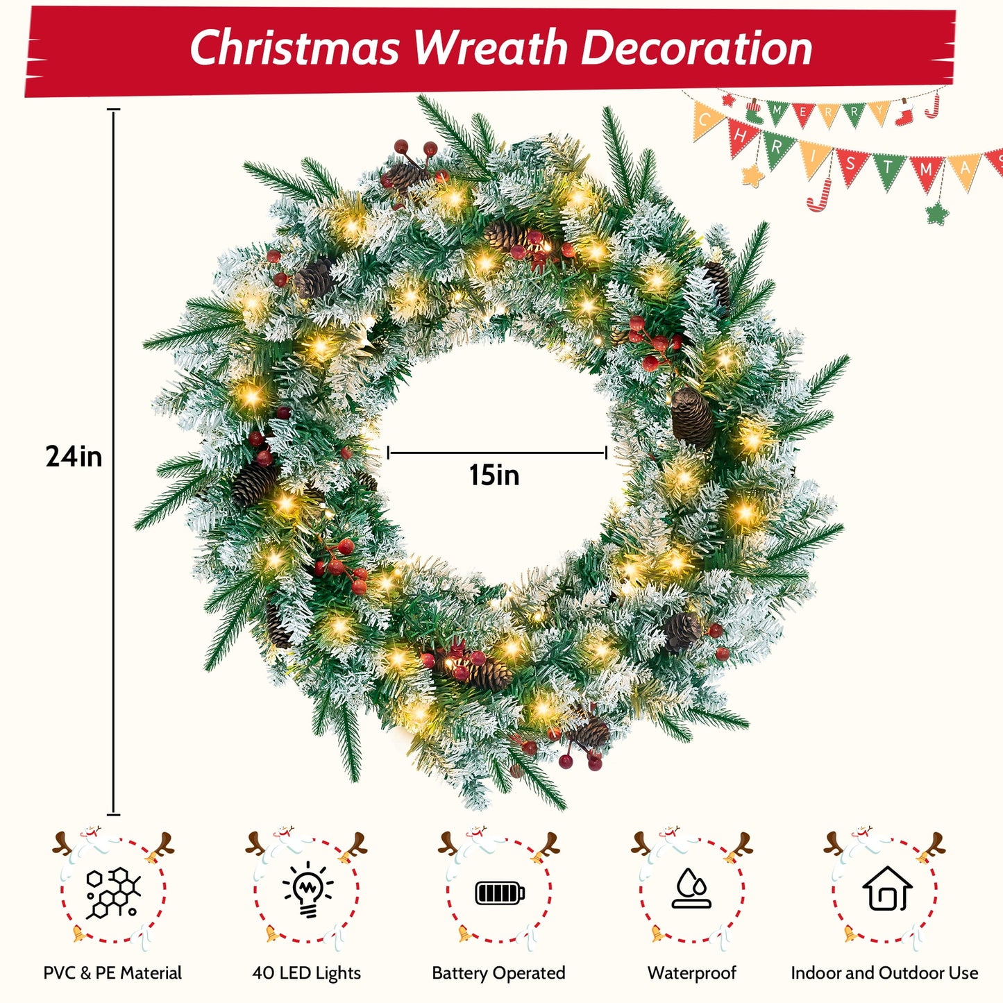 Christmas Wreath, 24" Christmas Wreath for Front Door,Outdoor Christmas Wreath,Battery Powered Christmas Decorations with Lights & Ornament