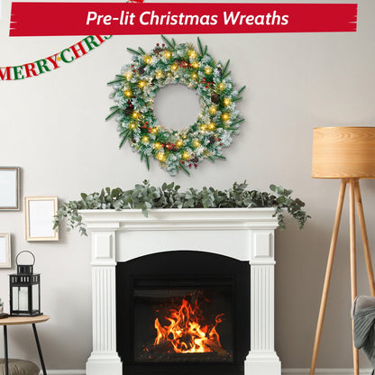 Christmas Wreath, 24" Christmas Wreath for Front Door,Outdoor Christmas Wreath,Battery Powered Christmas Decorations with Lights & Ornament