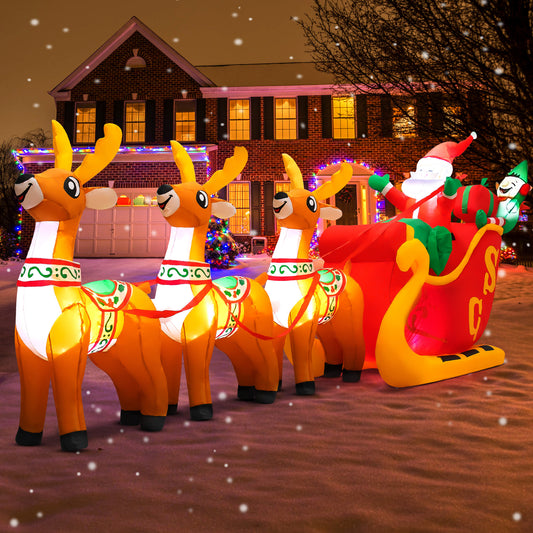 10ft Christmas Inflatable Santa Claus On Sleigh With 3 Reindeer Outdoor Lights Decor for Holiday Decoration, Xmas Party, Yard, Garden and Lawn