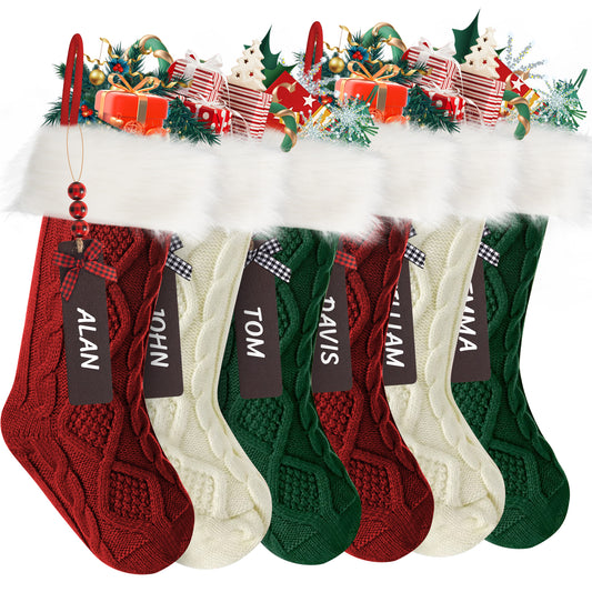 6-Pack Christmas Stockings, 18" Personalized Xmas Stockings, Large Knitted Stockings for Holiday Party Decor Burgundy, lvory, Green