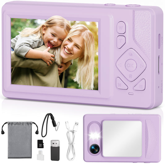 Lookfly Digital Camera,FHD 1080P Point and Shoot Kids Camera，Camera for Photography with 32GB Card ,18X Zoom Anti Shake,48MP,Compact Small Digital Camera for Boys Girls Kids,Purple