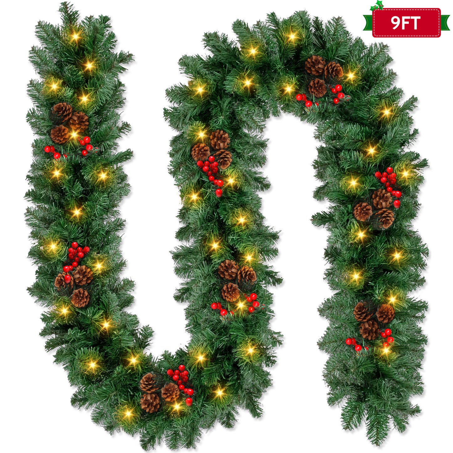 9ft Large Christmas Garland, Multi-Purpose Xmas Wreath with 60 LED Lights, Decorated with Pinecones, Berry Clusters, Battery Operated