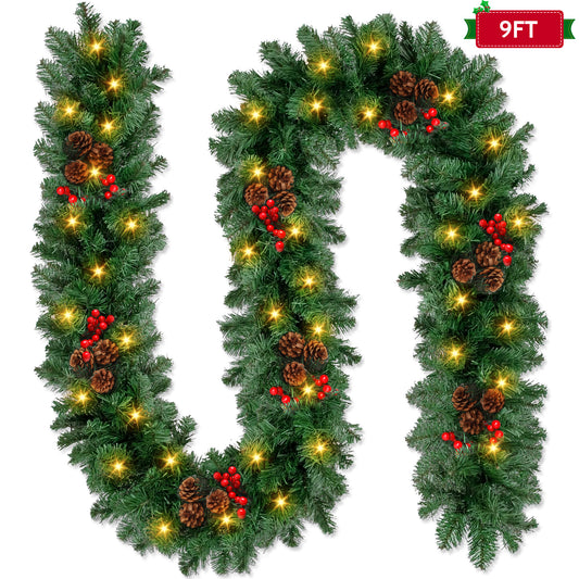 9ft Large Christmas Garland, Multi-Purpose Xmas Wreath with 60 LED Lights, Decorated with Pinecones, Berry Clusters, Battery Operated