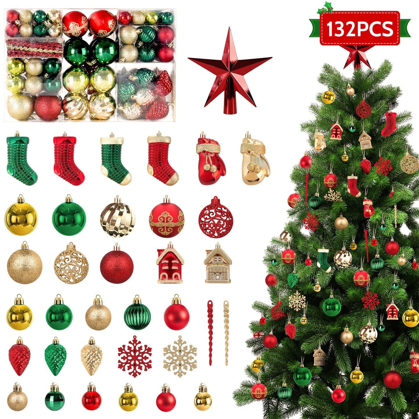 132PCS Christmas Ball Ornament Set, Shatterproof Hanging Christmas Tree Decorations for Holiday Decor Party