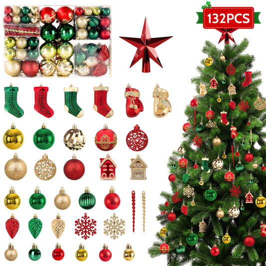 132PCS Christmas Ball Ornament Set, Shatterproof Hanging Christmas Tree Decorations for Holiday Decor Party