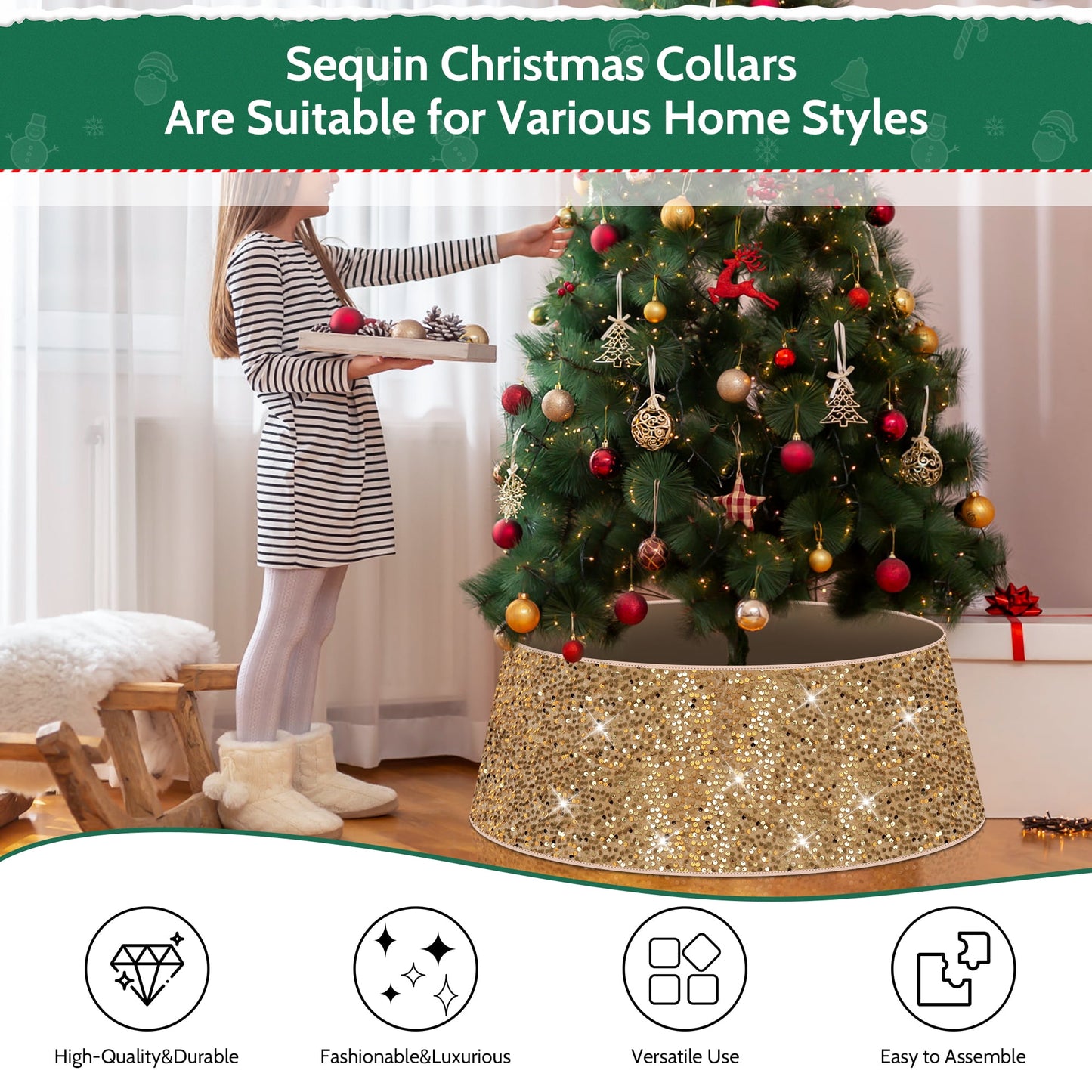 34" Sequin Christmas Tree Collar,Tree Bottom Base,Foldable Bottom Decoration for Christmas Holiday,Gold