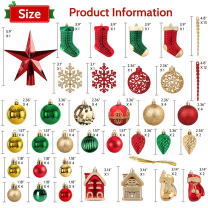 132PCS Christmas Ball Ornament Set, Shatterproof Hanging Christmas Tree Decorations for Holiday Decor Party