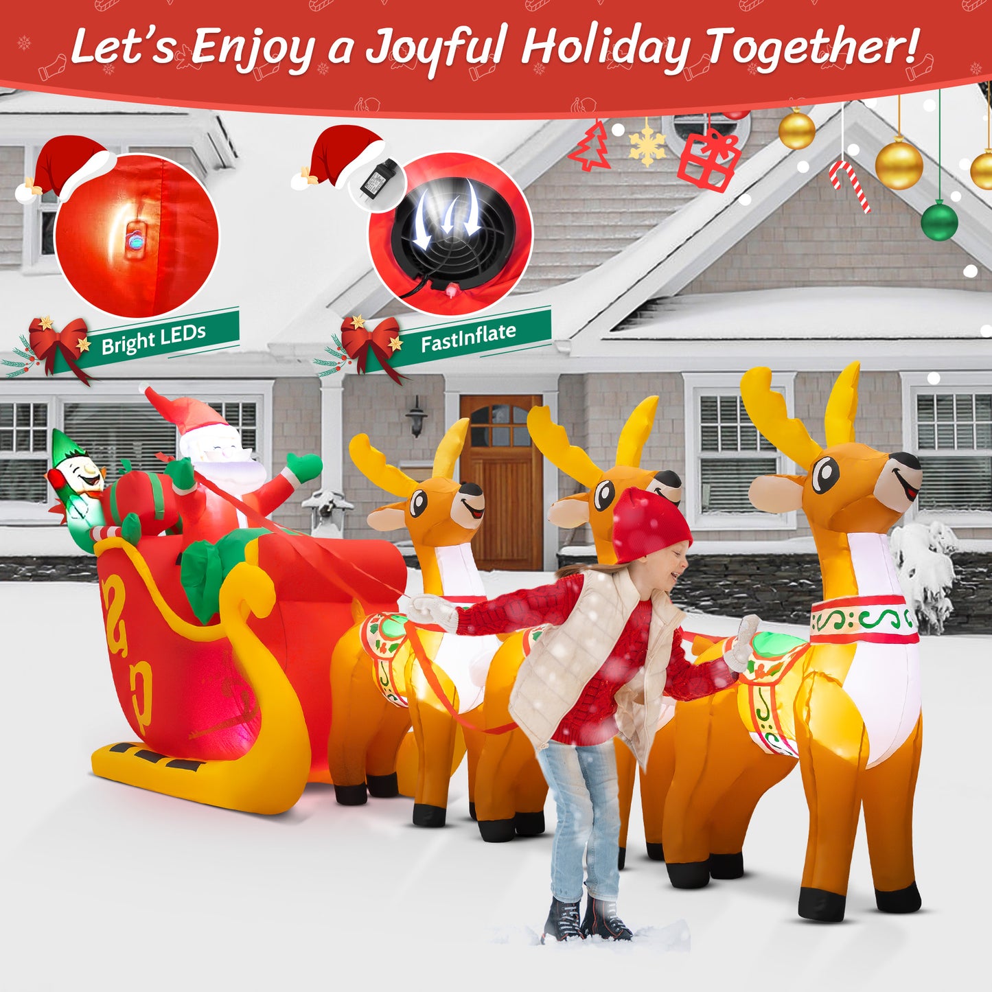 10ft Christmas Inflatable Santa Claus On Sleigh With 3 Reindeer Outdoor Lights Decor for Holiday Decoration, Xmas Party, Yard, Garden and Lawn