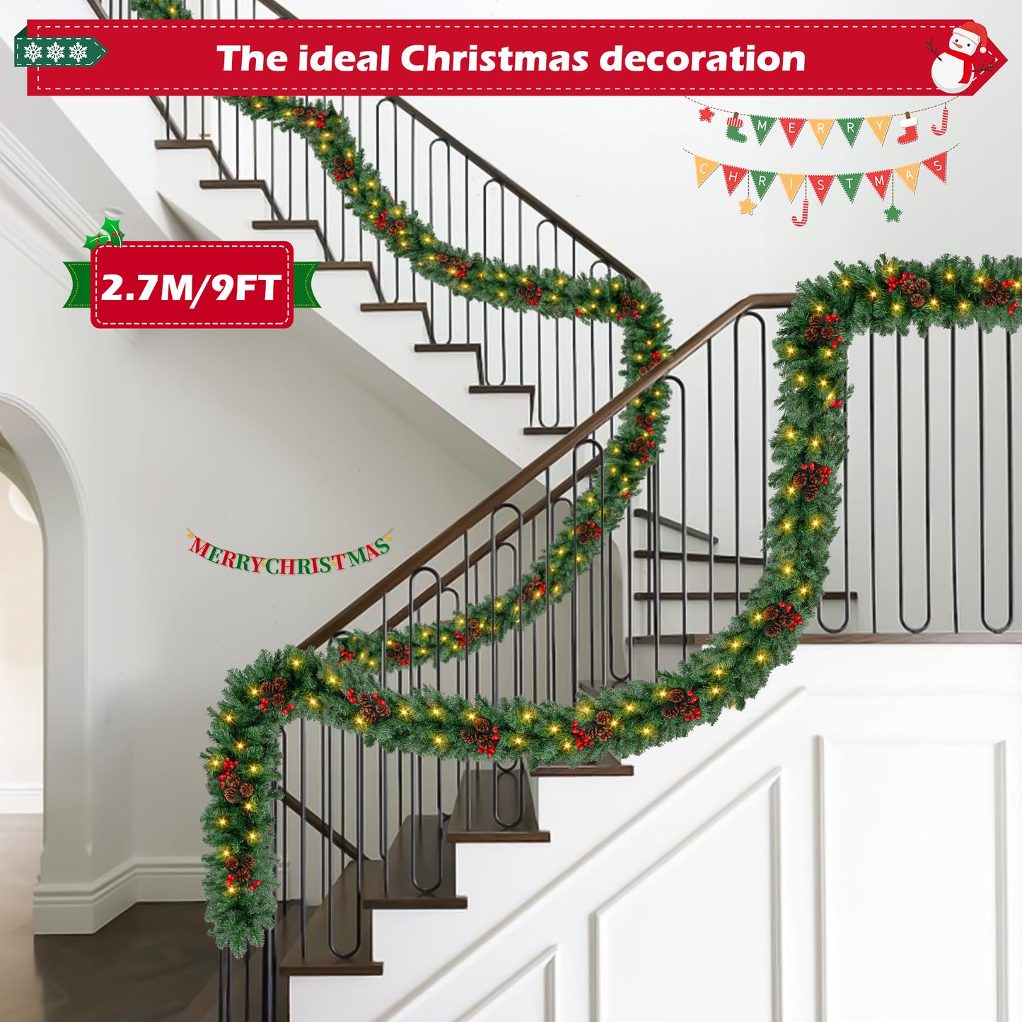 9ft Large Christmas Garland, Multi-Purpose Xmas Wreath with 60 LED Lights, Decorated with Pinecones, Berry Clusters, Battery Operated