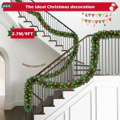 9ft Large Christmas Garland, Multi-Purpose Xmas Wreath with 60 LED Lights, Decorated with Pinecones, Berry Clusters, Battery Operated