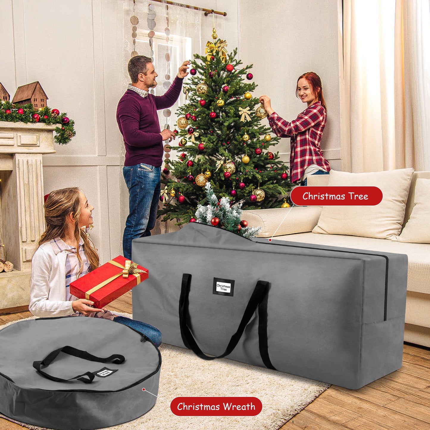 3 Pack Large Christmas Tree Storage Bag,Fits UP to 7.5 ft Artificial Trees,Christmas Wreath Garland Storage Bag,Christmas Ornament Storage Box,Reinforced Handles & Zipper,Gray