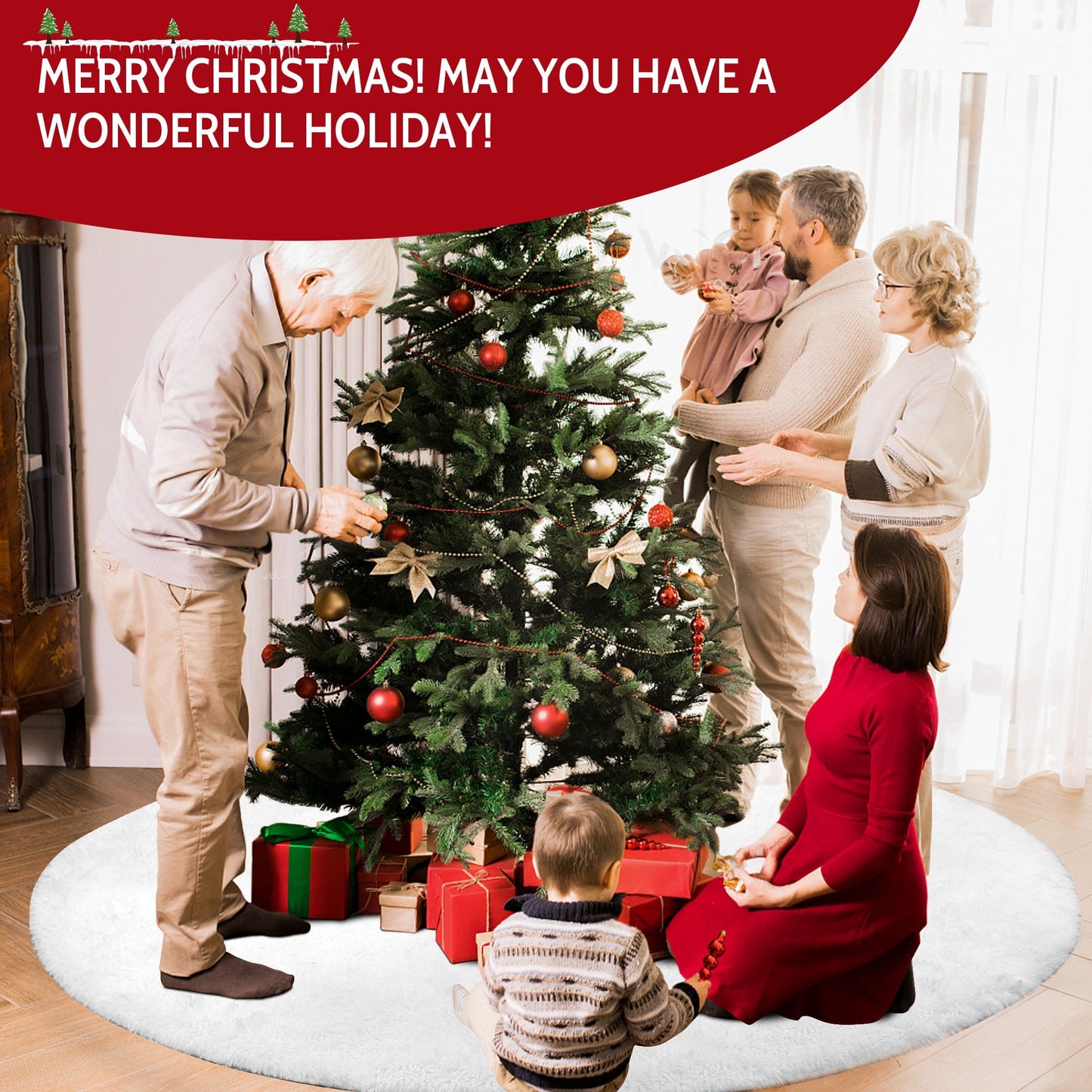 48" Plush Christmas Tree Skirt, White Xmas Tree Mat Decor, for Navidad Holiday Decor
