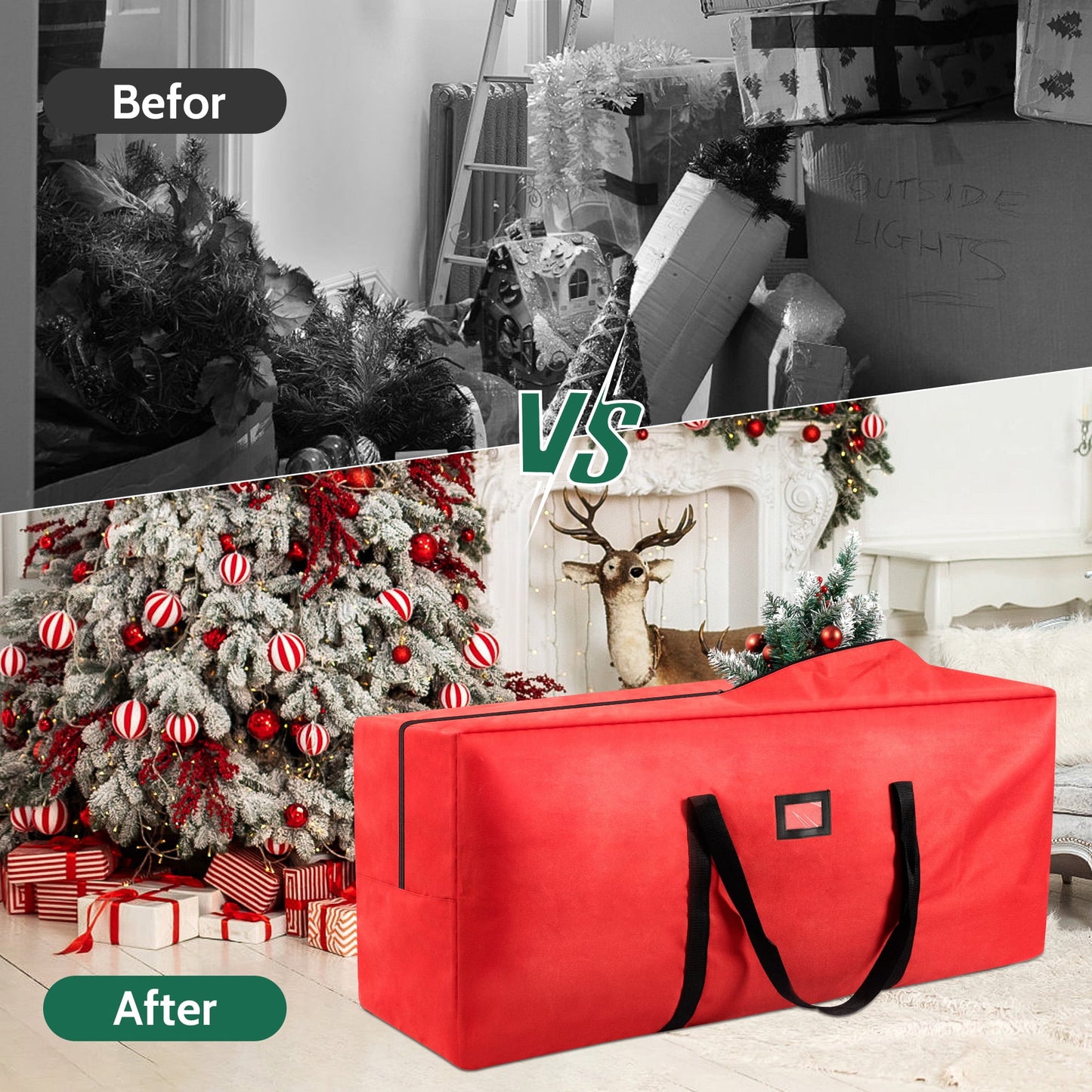3 Pack Large Christmas Tree Storage Bag,Fits up to 7.5 ft Artificial Trees,Christmas Wreath Garland Storage Bag,Christmas Ornament Storage Box,Reinforced Handles & Zipper,Red