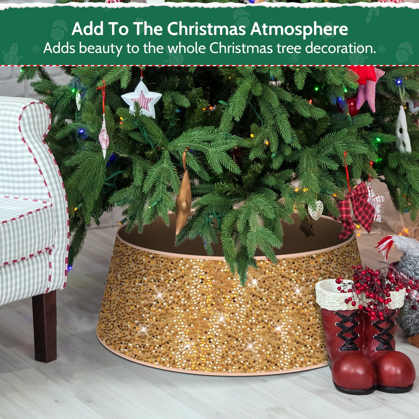 34" Sequin Christmas Tree Collar,Tree Bottom Base,Foldable Bottom Decoration for Christmas Holiday,Gold
