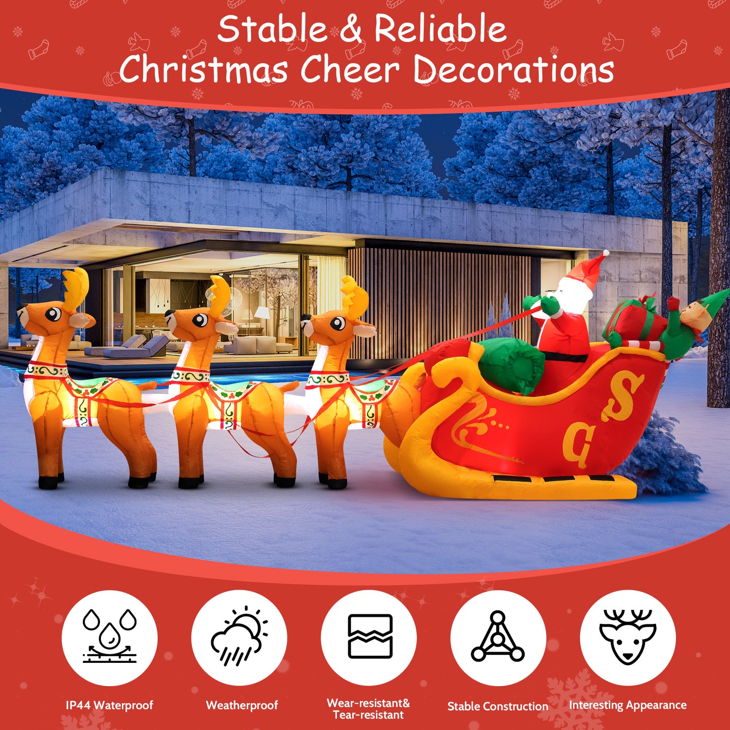 10ft Christmas Inflatable Santa Claus On Sleigh With 3 Reindeer Outdoor Lights Decor for Holiday Decoration, Xmas Party, Yard, Garden and Lawn