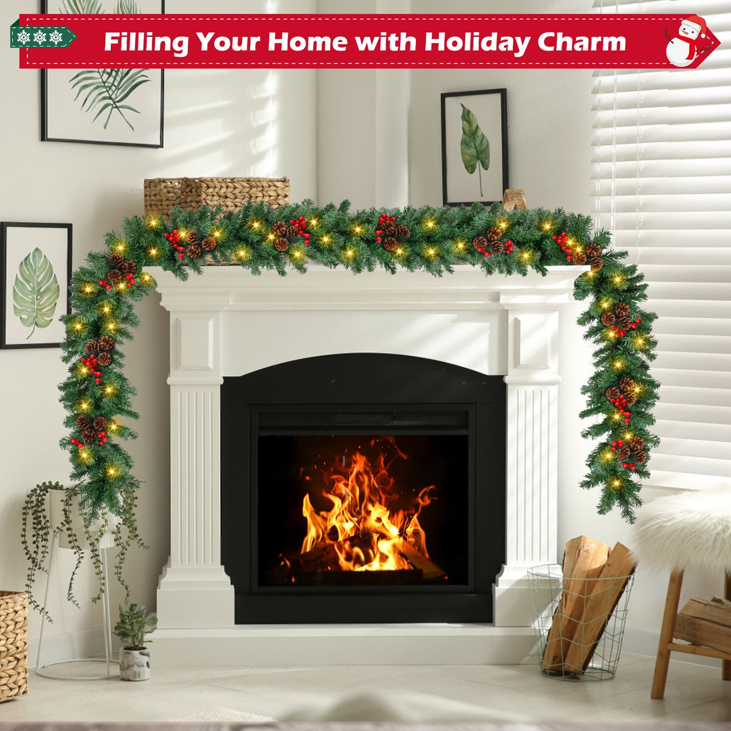 9ft Large Christmas Garland, Multi-Purpose Xmas Wreath with 60 LED Lights, Decorated with Pinecones, Berry Clusters, Battery Operated