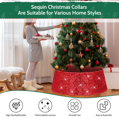34" Sequin Christmas Tree Collar,Tree Bottom Base,Foldable Bottom Decoration for Christmas Holiday,Red