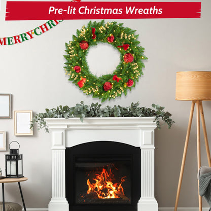 Christmas Wreath, 24" Christmas Wreath for Front Door,Outdoor Christmas Wreath,Battery Powered Christmas Decorations with Lights & Ornament