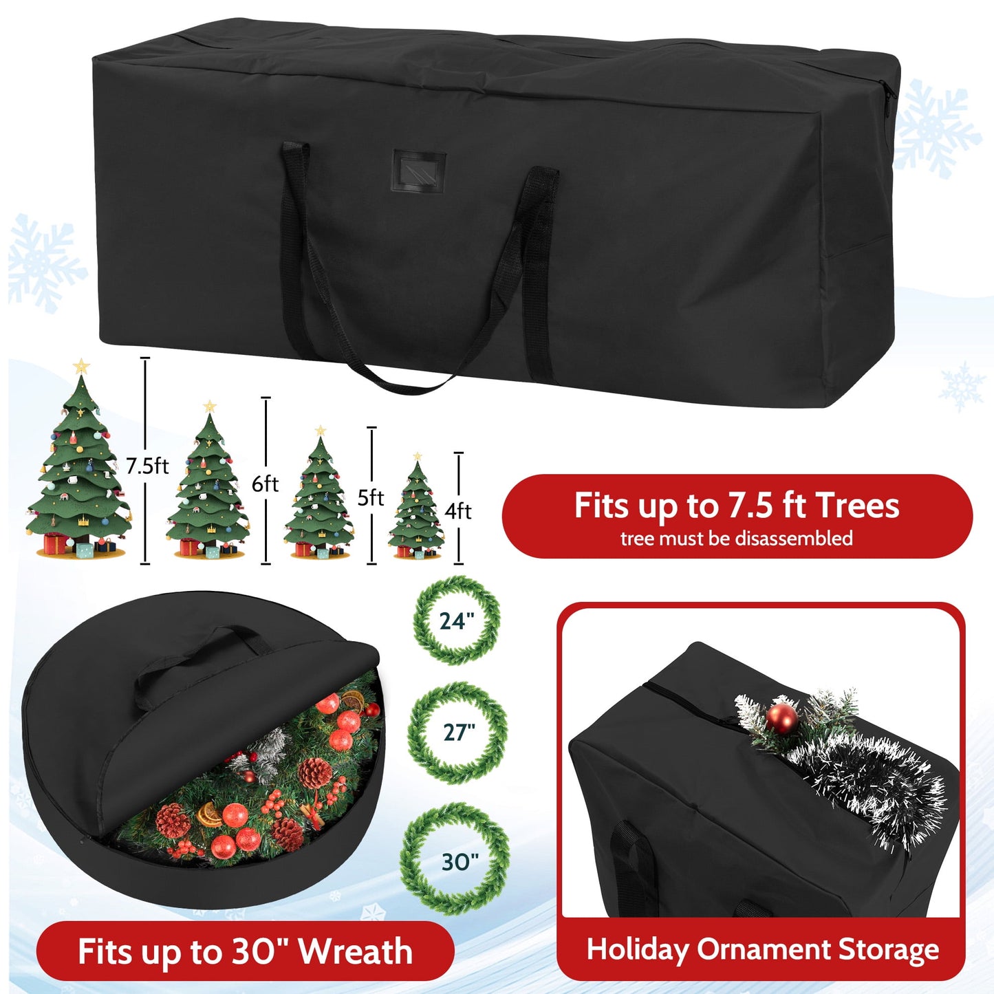 3 Pack Large Christmas Tree Storage Bag,Fits UP to 7.5 ft Artificial Trees,Christmas Wreath Garland Storage Bag,Christmas Ornament Storage Box,Reinforced Handles & Zipper,Black
