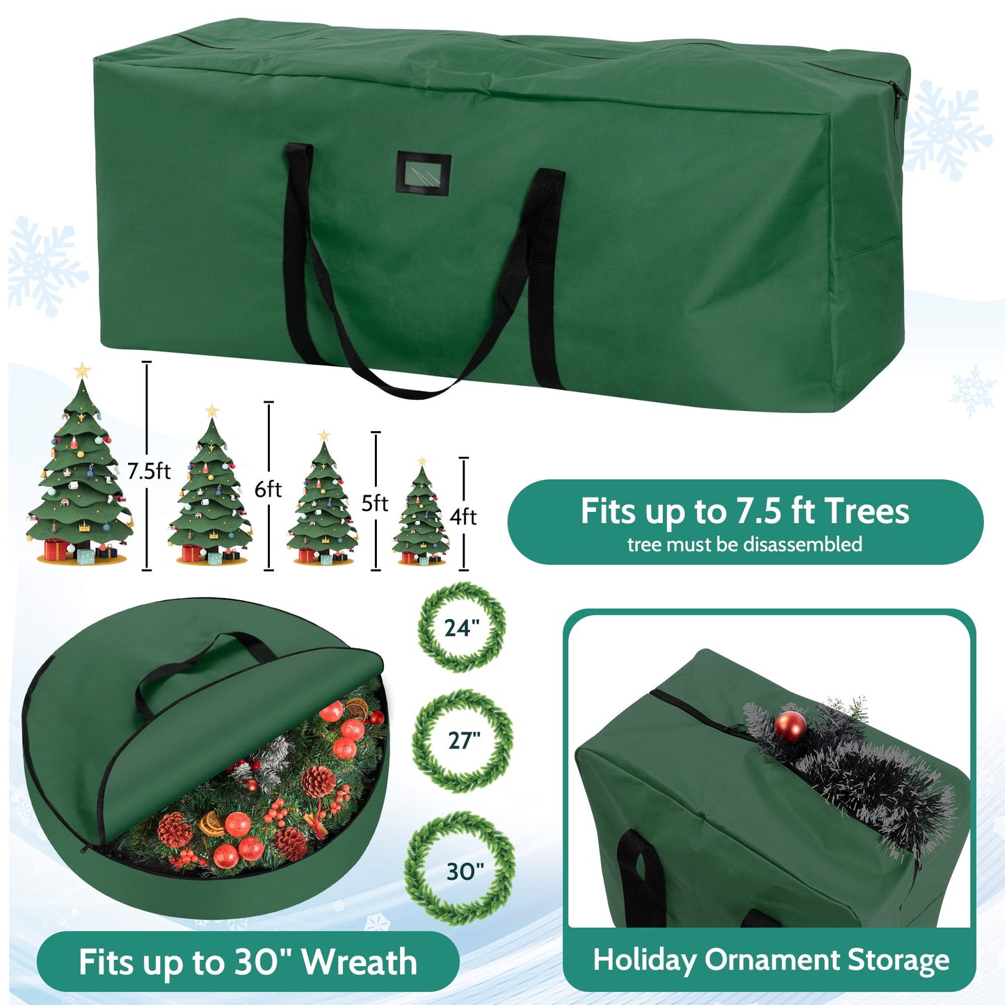3 Pack Large Christmas Tree Storage Bag,Fits UP to 7.5 ft Artificial Trees,Christmas Wreath Garland Storage Bag,Christmas Ornament Storage Box,Reinforced Handles & Zipper,Green