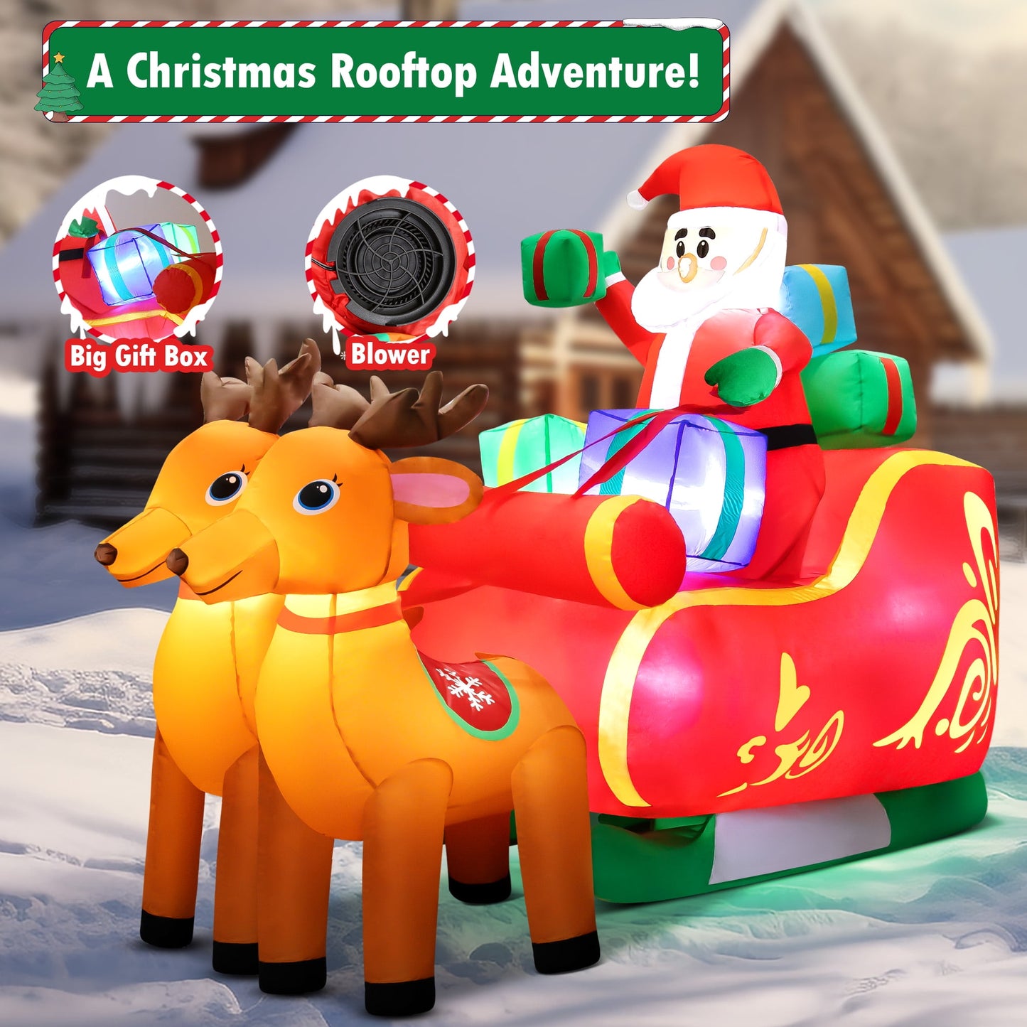 6.3FT Long Christmas Inflatable Santa Claus on Sleigh with Reindeer and Gift Boxes LED Lighted Blow up Outdoor Yard Decoration for Holiday/Christmas/Party/Yard/Garden