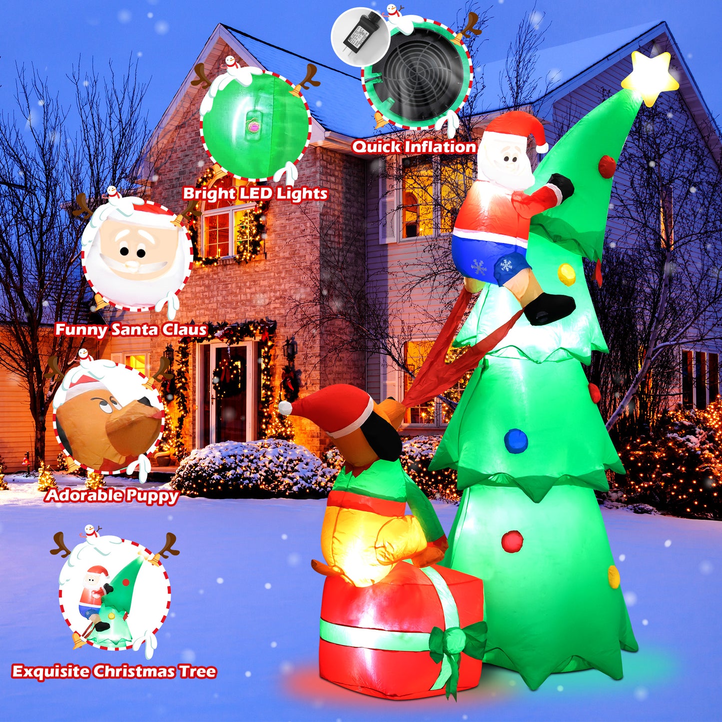 7.2ft Large Outdoor Christmas Inflatable Tree with Santa Claus and Dog,Built-in LED Lights,Fun Blow Up Xmas Decor Suitable for Yard,Garden,Lawn